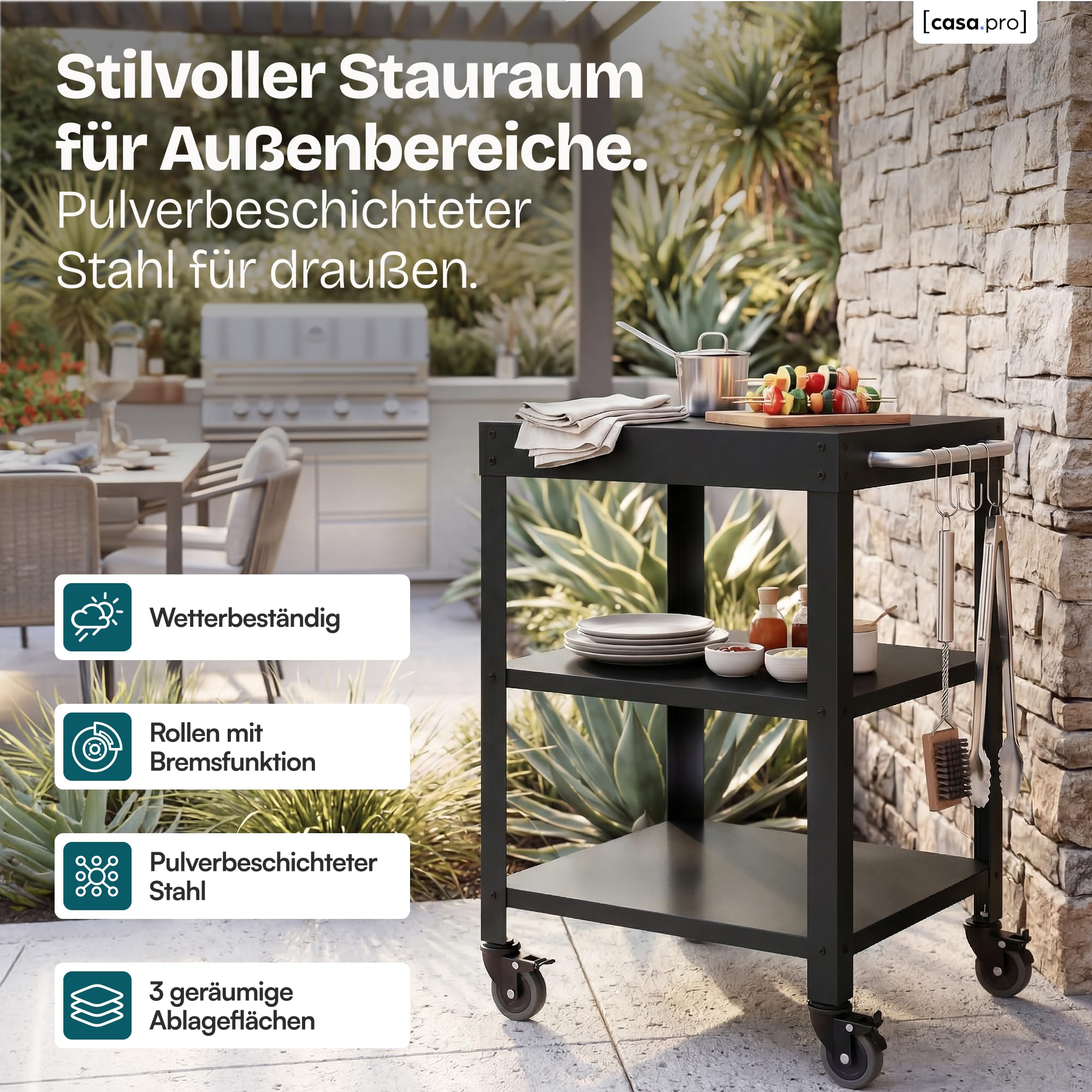 casa.pro Outdoor Servierwagen Bolognano Garten Rollwagen Stahl 81 x 50 x 50 cm Grillwagen mit 4 Haken Rollen mit Feststellbremsen Schwarz matt