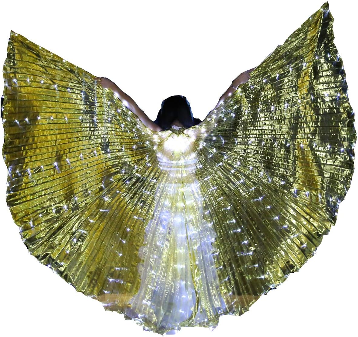 Carnival Halloween Shows 360-Degrees Luminous Led Belly Dance Isis Wings Belly Dance Costume Prop with Sticks (Yellow)