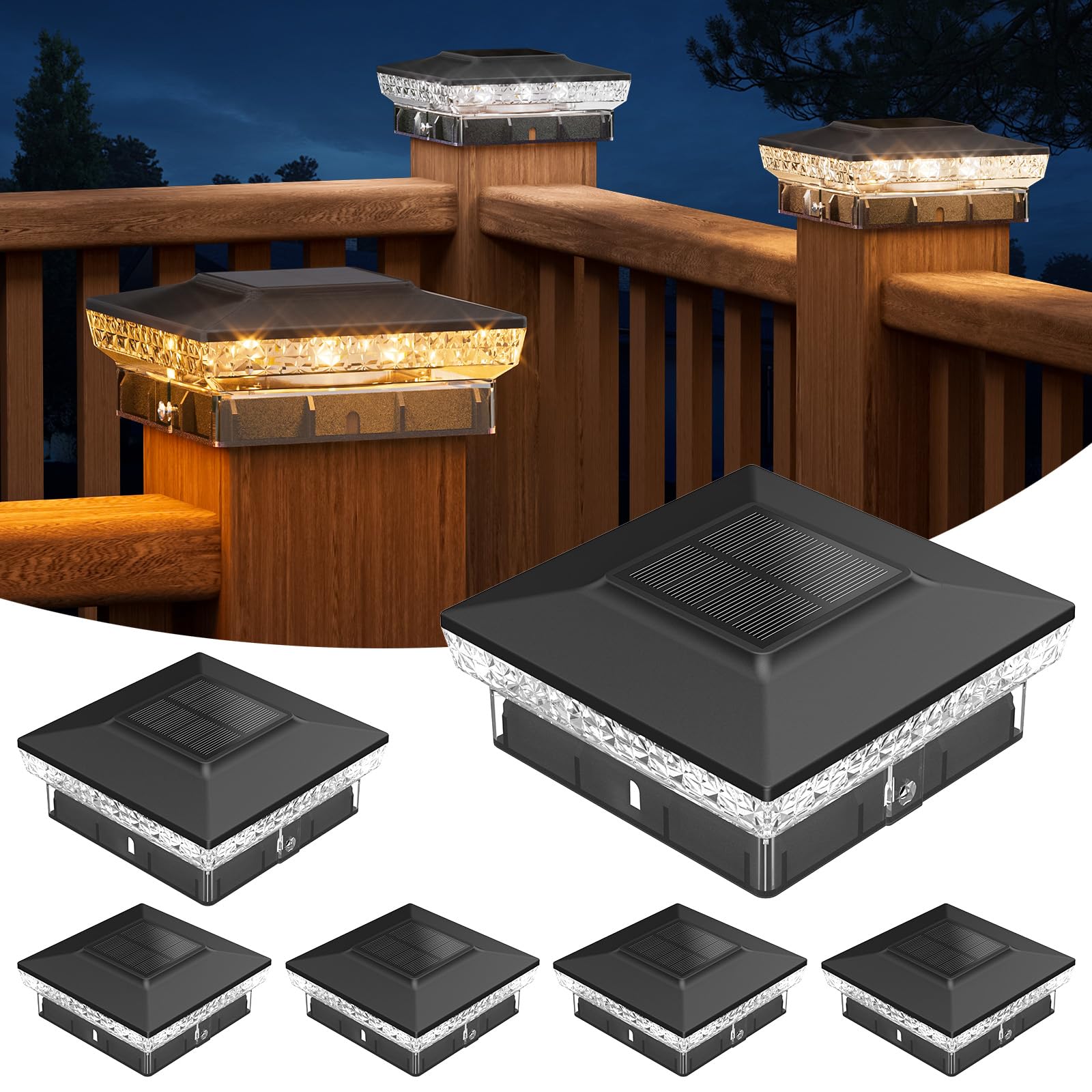 Aponuo Black Solar Post Cap Lights For 4X4 Wood &Vinyl Posts, 3 Light Modes & 800Mah Battery, Ip65 Waterproof Rugged Unibody, Solar Outdoor Lights For Fence, Deck & Patio (, 6 Pack)