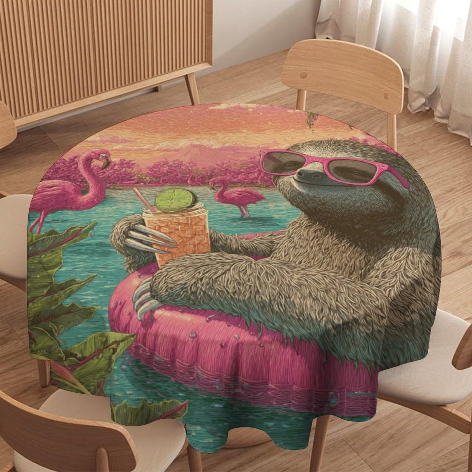 LUYYSKY Beautiful Cartoon Sloths Waterproof Round Tablecloth Classic Watercolor Tropical Palm Trees Animals Sloths Flamingos Washable Table Cover for Kitchen-127 Wx127 L cm