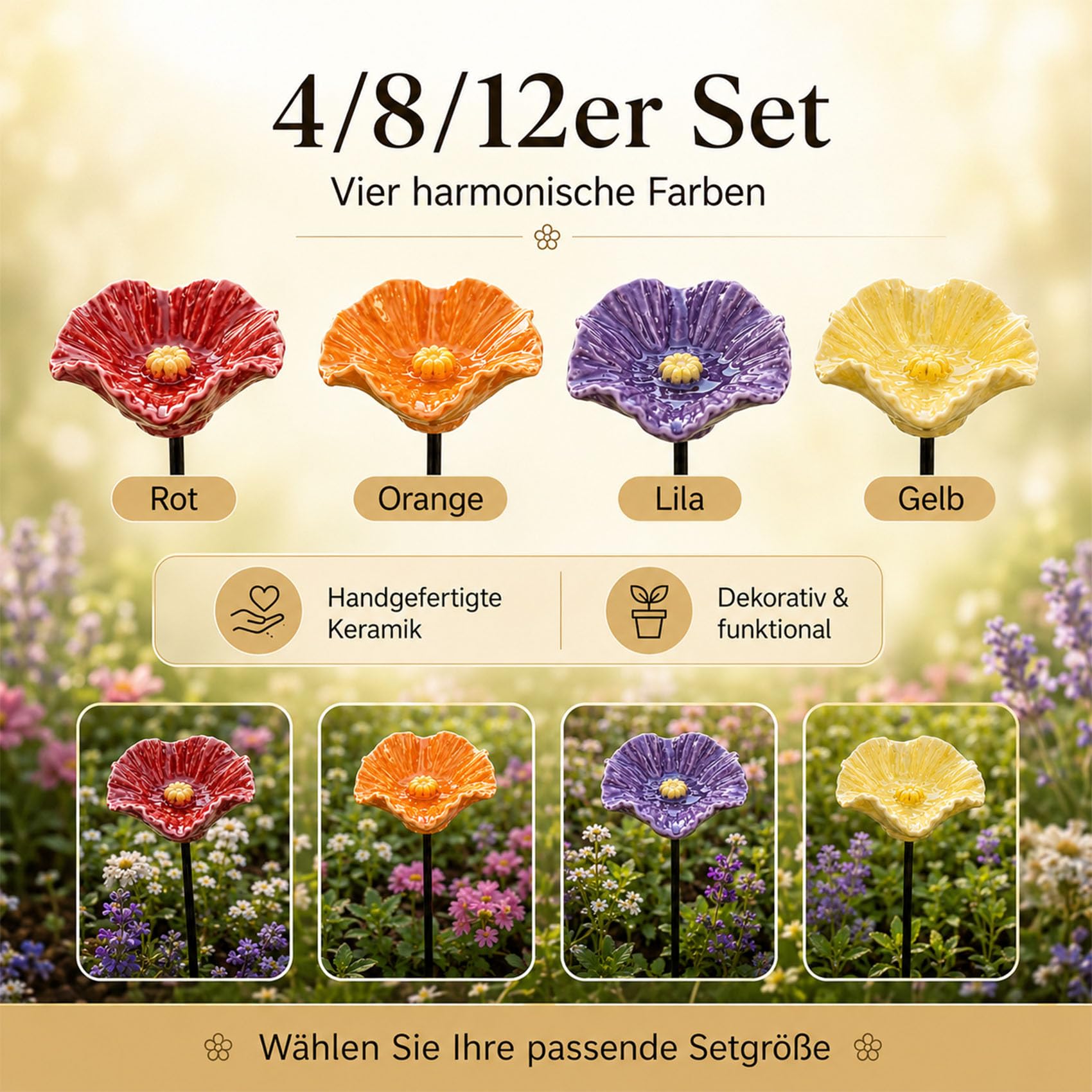 Bienentränke Keramik Blume 4/8/12 Stück, Bienenblüten Keramik als Insektentränke mit Stab, 27 cm Gartenstecker wetterfest für Garten, Balkon, Blumentopf & Deko (4 Blüten)