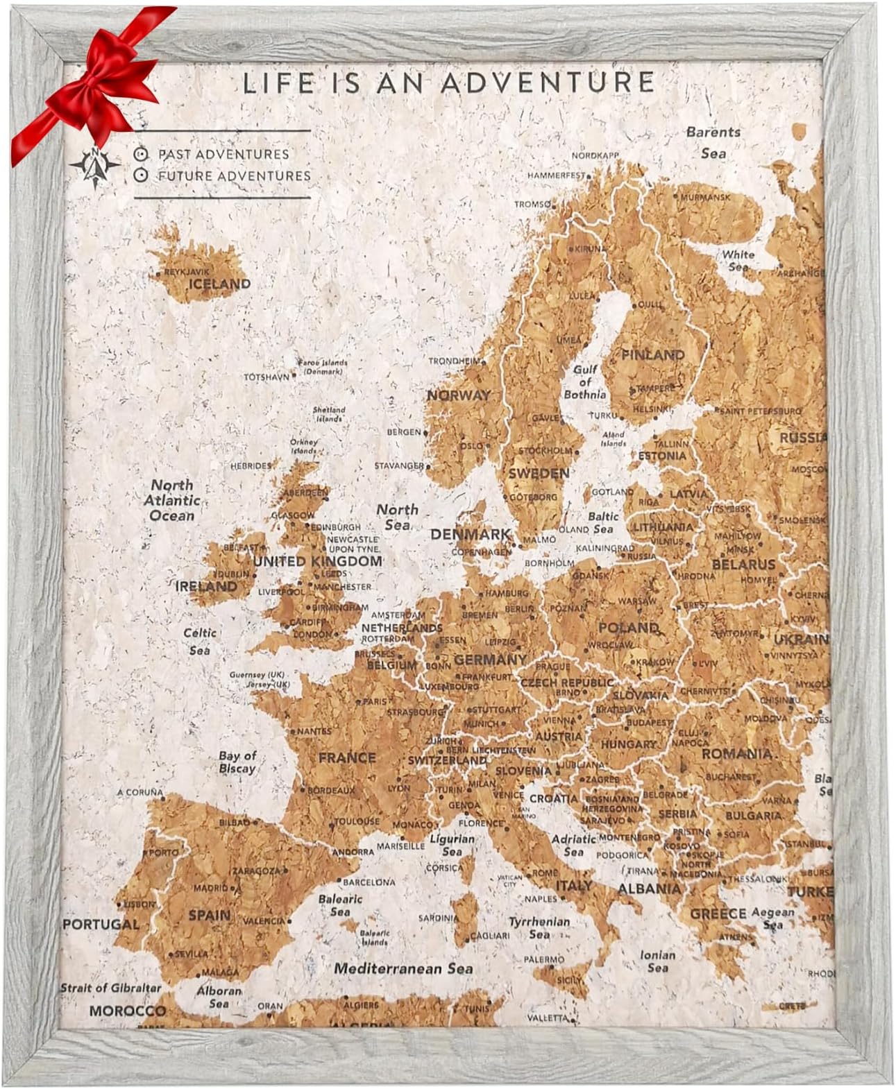 Splosh Travel Map - European Desk Pin Board in Grey with Wooden Frame - Cork with 100 Pins in 2 Colours to Mark Adventures