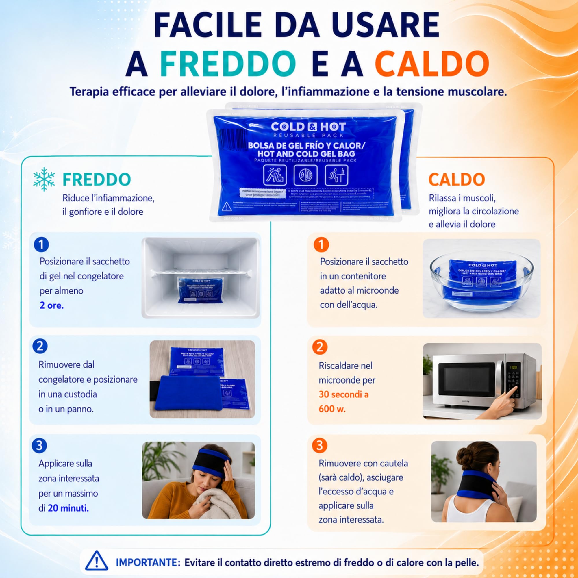 2 Ghiaccio Gel Riutilizzabile (26 x 15 cm) - Compressa fredda calda, Include 1 Copertura Multiposizione in Tessuto con Fascia di Compressione- Terapie caldo/freddo - Adatto per Microonde