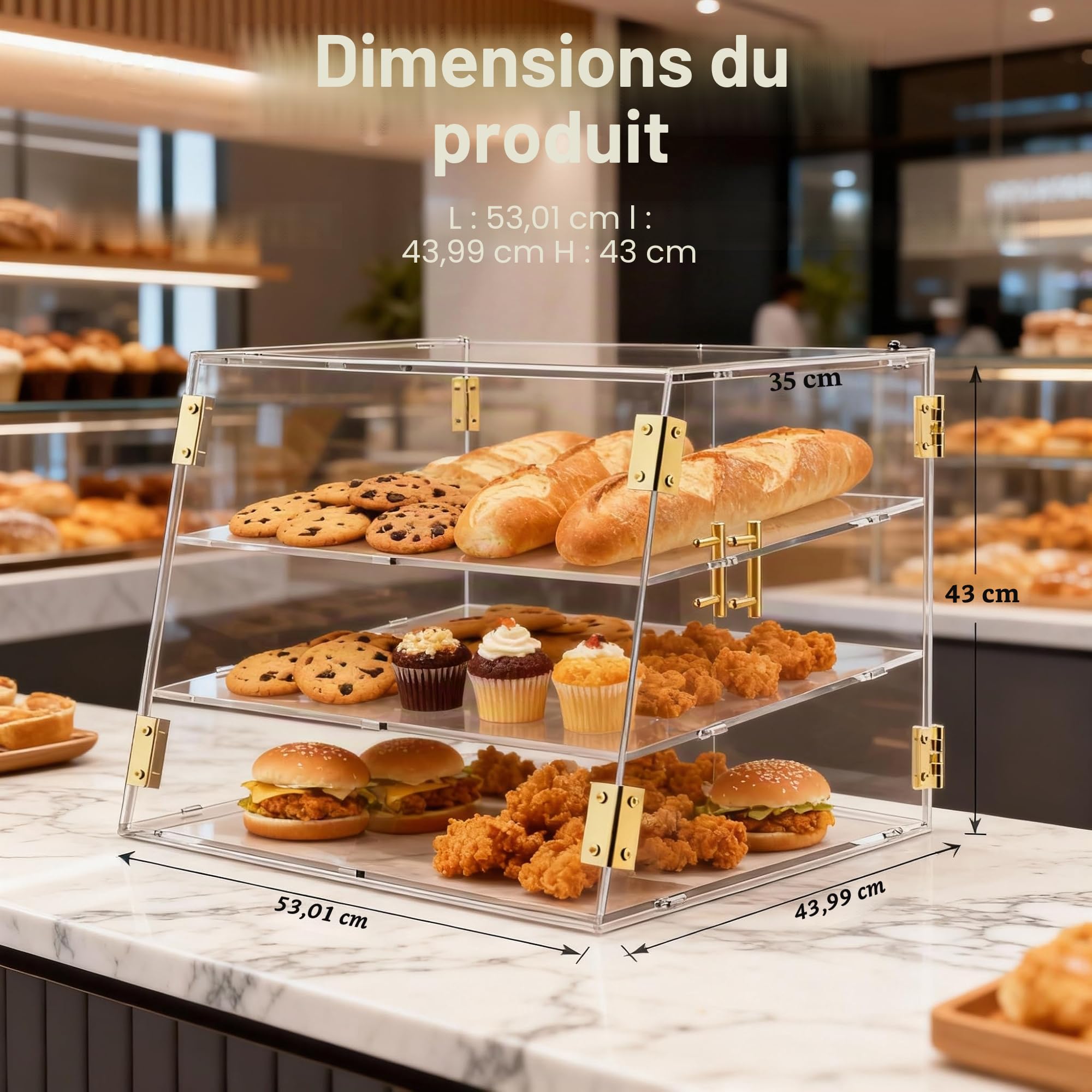 Vitrine de boulangerie commerciale à 3 compartiments avec porte automatique élastique, 53,1 x 43,2 x 43,2 cm Présentoir alimentaire pâtisserie-pain boîte de rangement pour beignets gâteaux