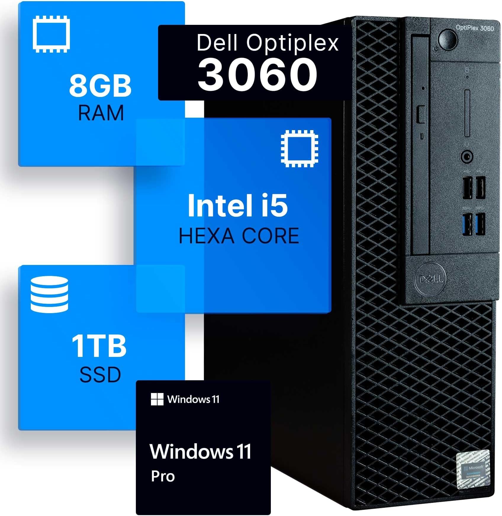 Dell Optiplex 3060 Desktop Computer | Intel i5-8500 (3.2) | 8GB DDR4 RAM | 1TB SSD Solid State | Windows 11 Professional | Home or Office PC (Renewed)