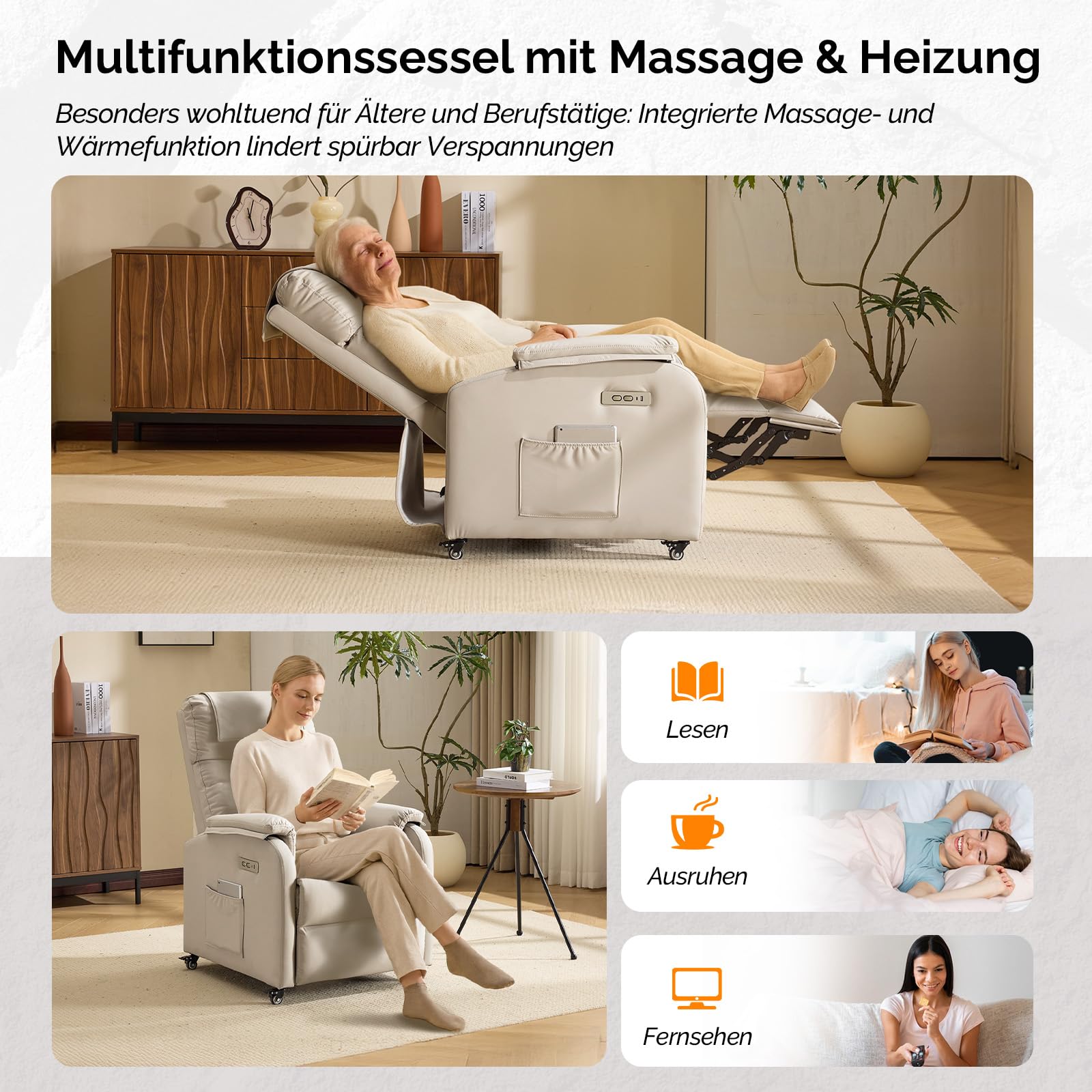 Bonnlo Poltrona per relax, poltrona per televisione, poltrona massaggiante elettrica con funzione reclinabile, poltrona TV, massaggio a 2 punti e funzione di calore, porte USB-C e USB-A, 1 tasca