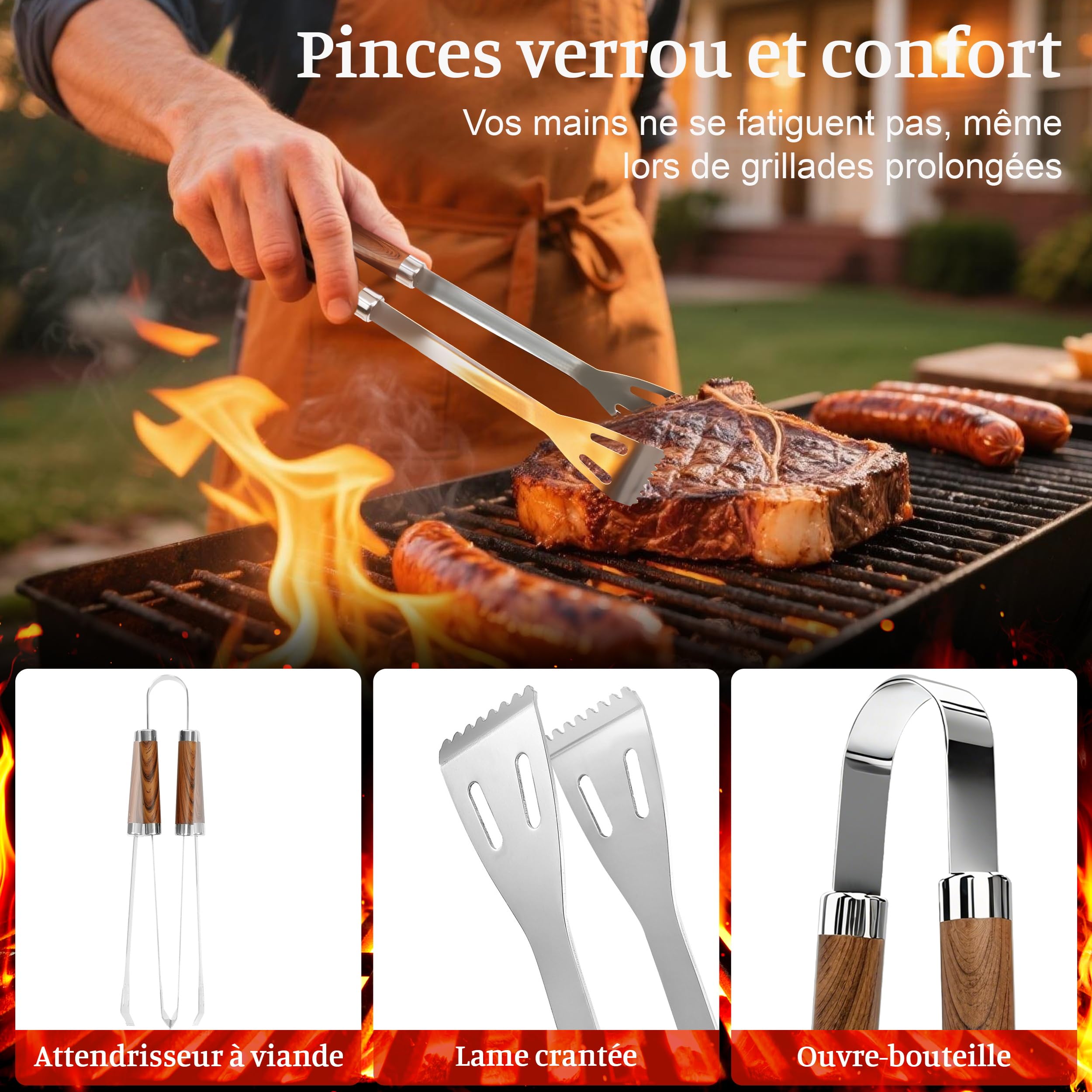 Kit Barbecue Complet 7 Pièces Acier Inoxydable avec Sac de Rangement