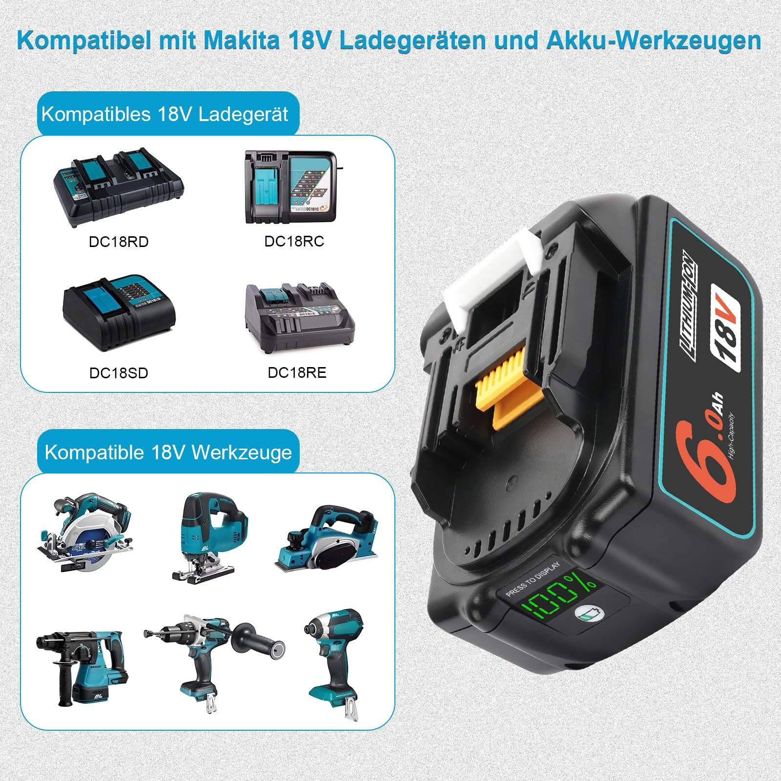 QUPERR 2er-Pack 18V 6,0Ah Akku kompatibel mit Makita 18V Werkzeuge | Mit LED-Ladeanzeige, 6,0Ah Kapazität und intelligentem Schutz vor Überladung, Überhitzung und Kurzschluss