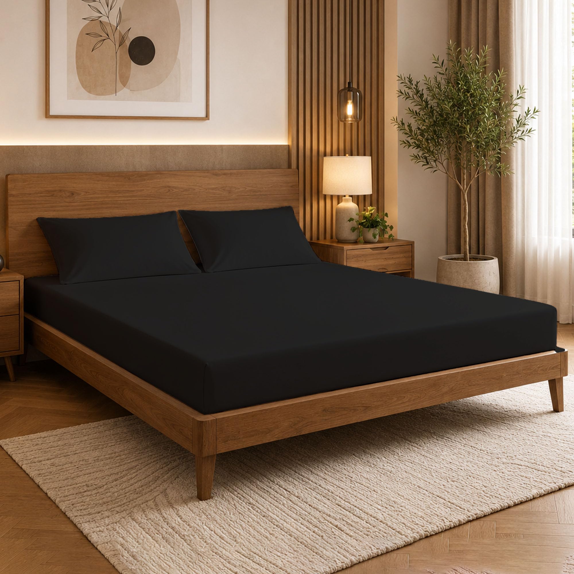 Reliancebedding Black 3Pcs Single Fitted Sheet Set 100% Cotton 400Tc 25Cm Deep Pocket