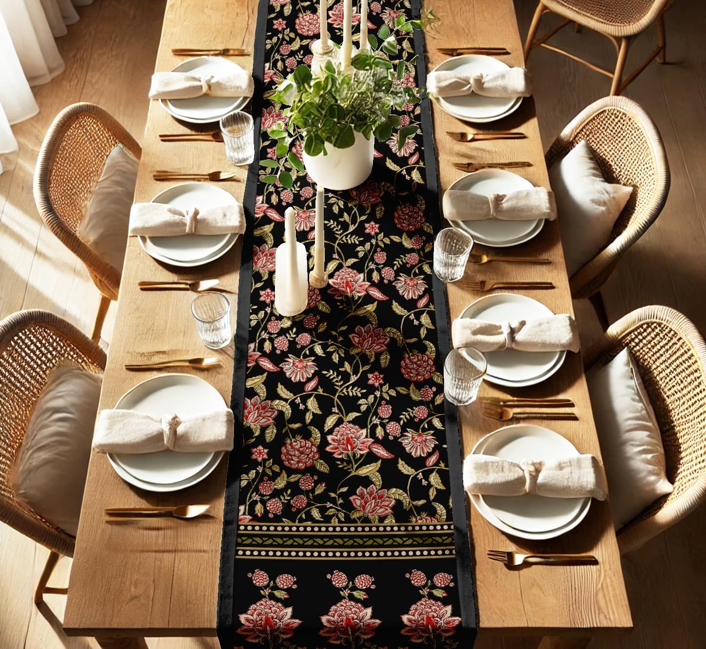 Premium Cotton Table Runner - Lightweight Double Layer - Border Design - Machine Washable Farmhouse Table Decor - Floral