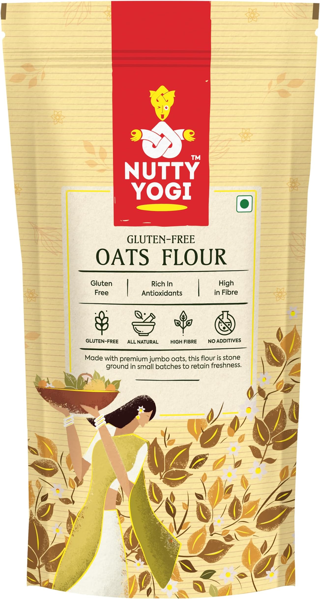 Nutty Yogi Gluten Free Oats Flour (Atta), Freshly Milled in Small batches, Protein Rich, High Fibre, No Maida, Breakfast Cereal | Natural Oats Flour Atta - 800gm(Pack of 2)