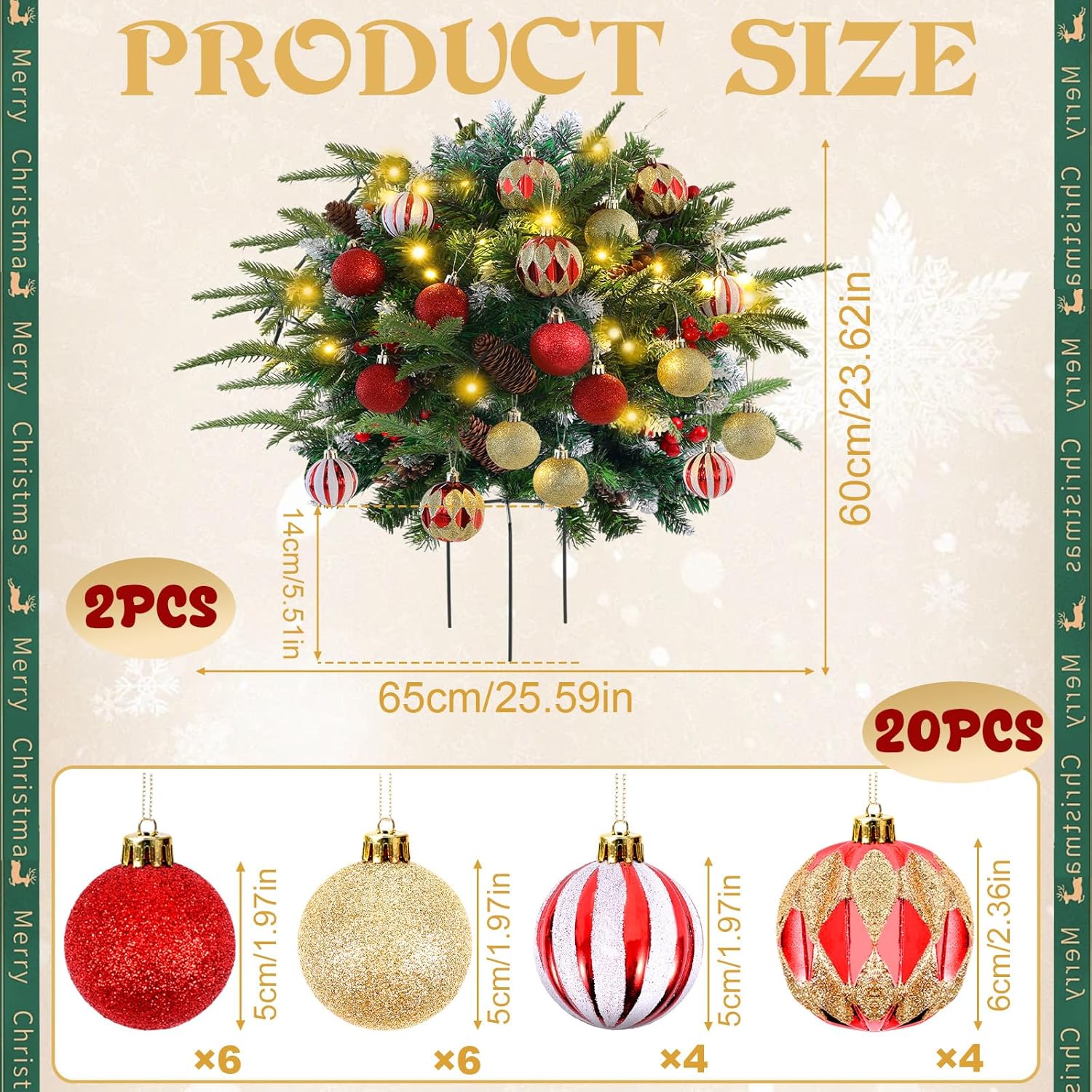 2 Pack Christmas Tree Urn Filler Battery Operated Pre-lit Xmas Pine Trees with Christmas Balls Tripod Stake LED Lights for Porch Yard Garden Outdoor Holiday Decorations