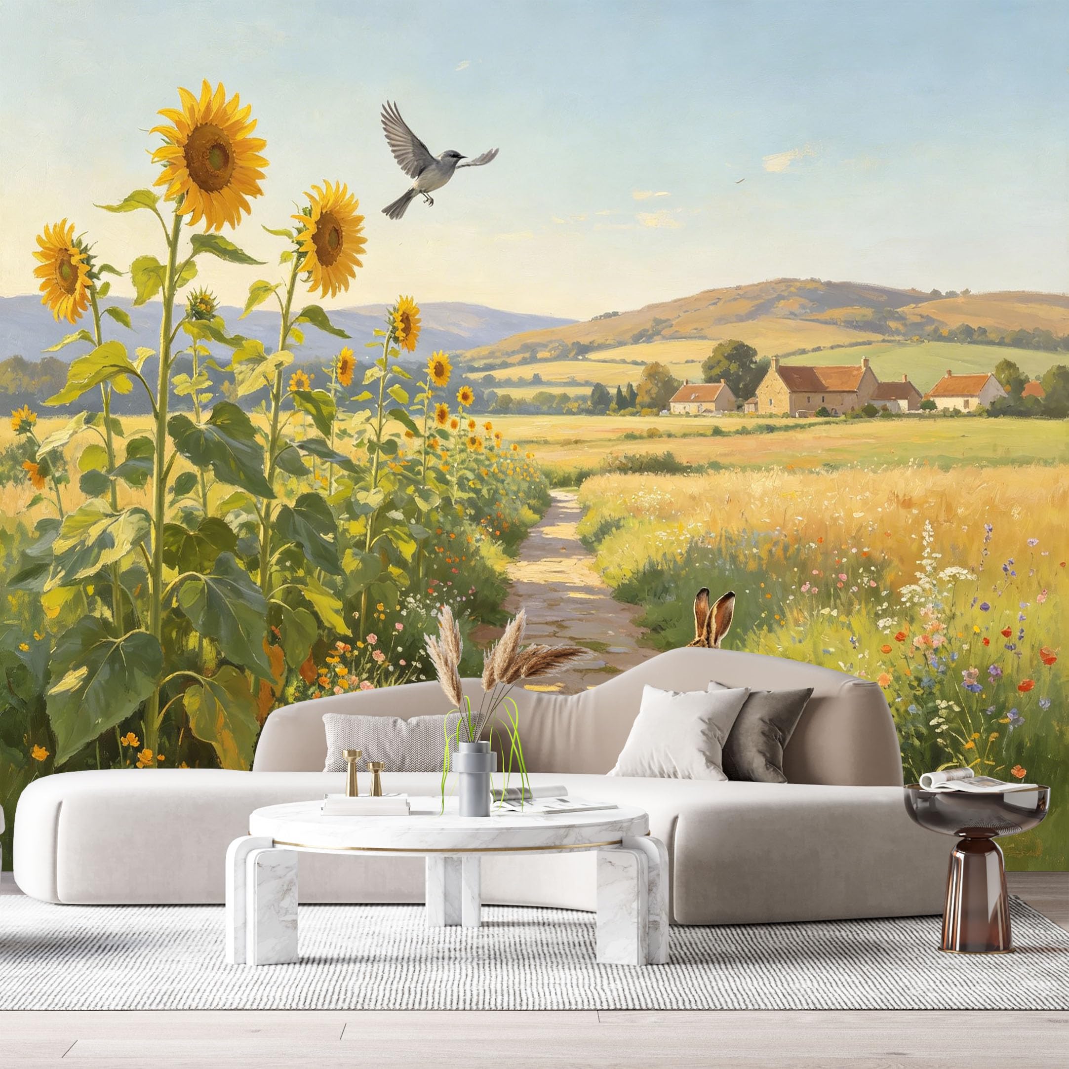 Custom Size Wall Murals Farmhouse Sunflower Field Oil Painting Country Cottages SelfAdhesive Wall Fabric Removable Large Wallpaper for Photo Living Room
