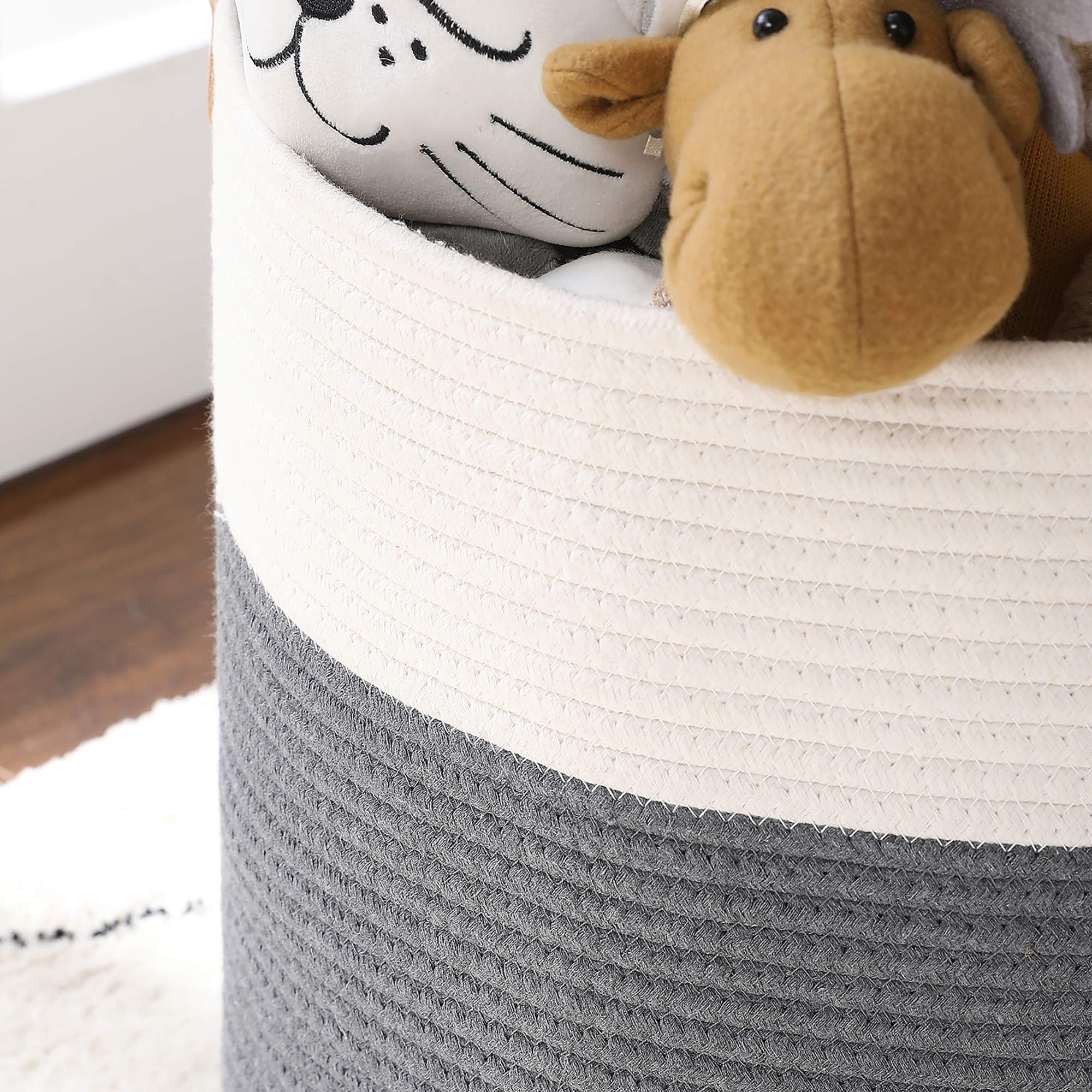 Panier à Linge En Corde De Coton Tissé Gris & Blanc – 21×21 Cm, Avec Poignées, Empilable Et Ultra Pratique Pour Chambre, Salon Ou Salle De Bain