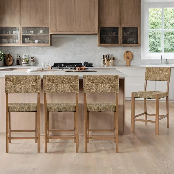 DUHOME Rattan Bar Stools Set of 4, 24'' Bohemian Counter Height Stool with Woven Seagrass Seat and Back, Solid Wood Legs and Footrest for Kitchen Island Dining Room Home Bar