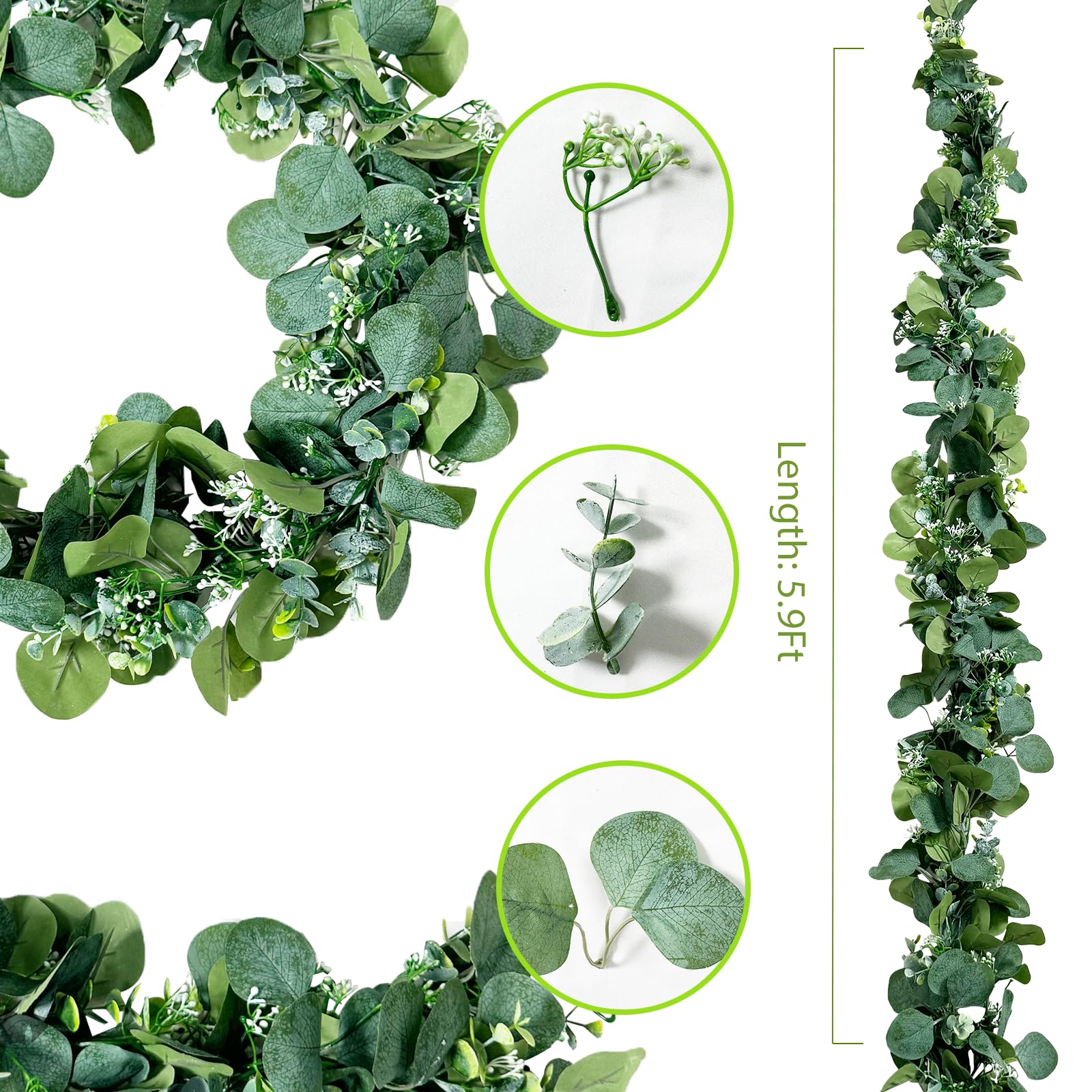 5.9' Artificial Eucalyptus Garland, 2Pcs Faux Silk Silver Dollar Garland Eucalyptus Leaves Greenery Garland with Flowers Berries Fake Spring Plants Vines for Home Table Window Party Wedding Arch Decor
