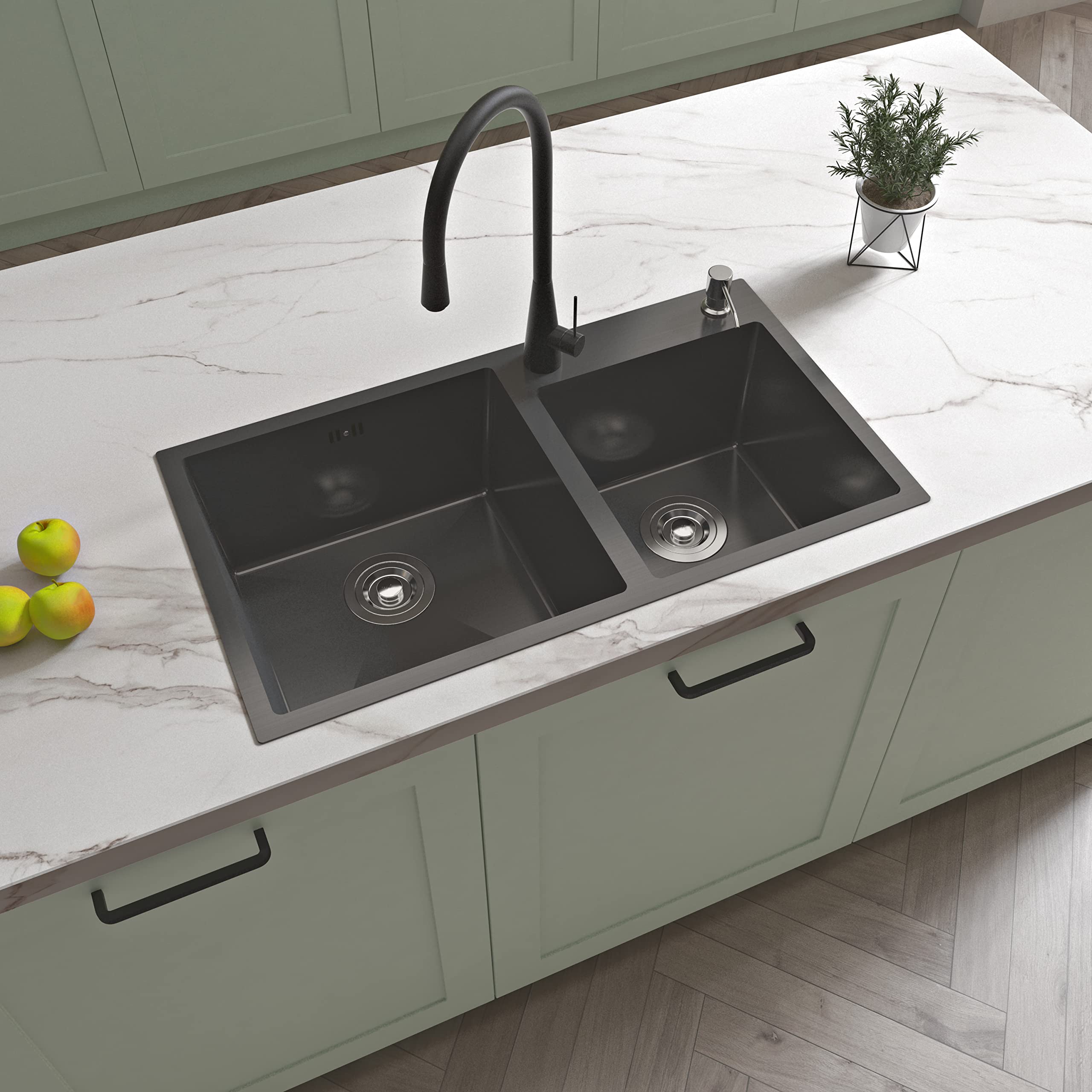 Évier cuisine noir 78x43x20cm 2 bacs en Inox avec 2 crépines