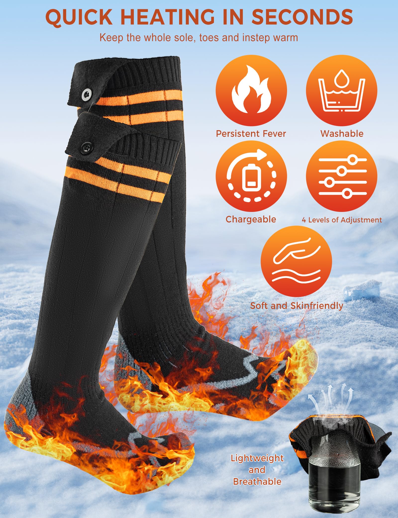 ROCKBROS Chaussettes chauffantes avec batterie rechargeable de 5000 mAh, 4 niveaux de chauffage, chauffantes, lavables jusqu'à 65 °C, pour l'hiver, le ski, la chasse, la course, la randonnée, le