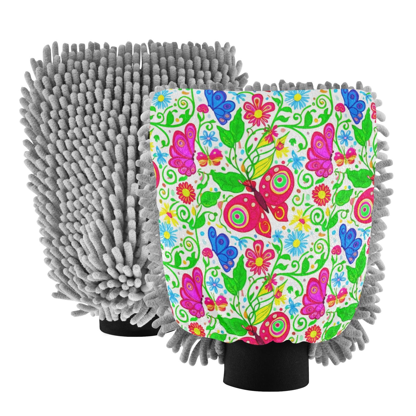 Kigai Beautiful Colorful Butterfly Car Wash Mitt Microfiber, 2Pcs Scratch Free Lint-Free, Premium Chenille Microfiber Mitt Car Wash Brush-L