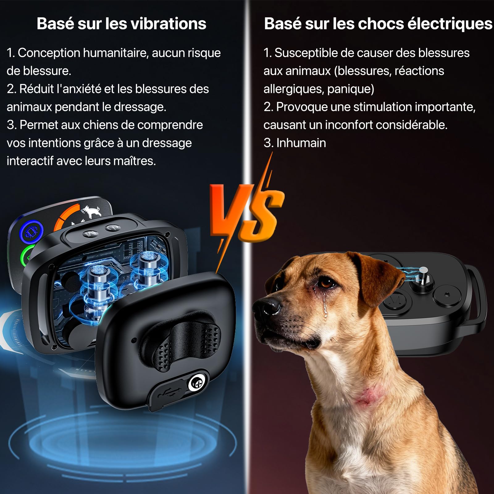 Collier Anti Aboiement Chiens, Lot de 2, Collier Vibration, Modes Son/Vibration, Détection Intelligente des Aboiements, Rechargeable, Étanche IP67, pour Gros et Petit Chien