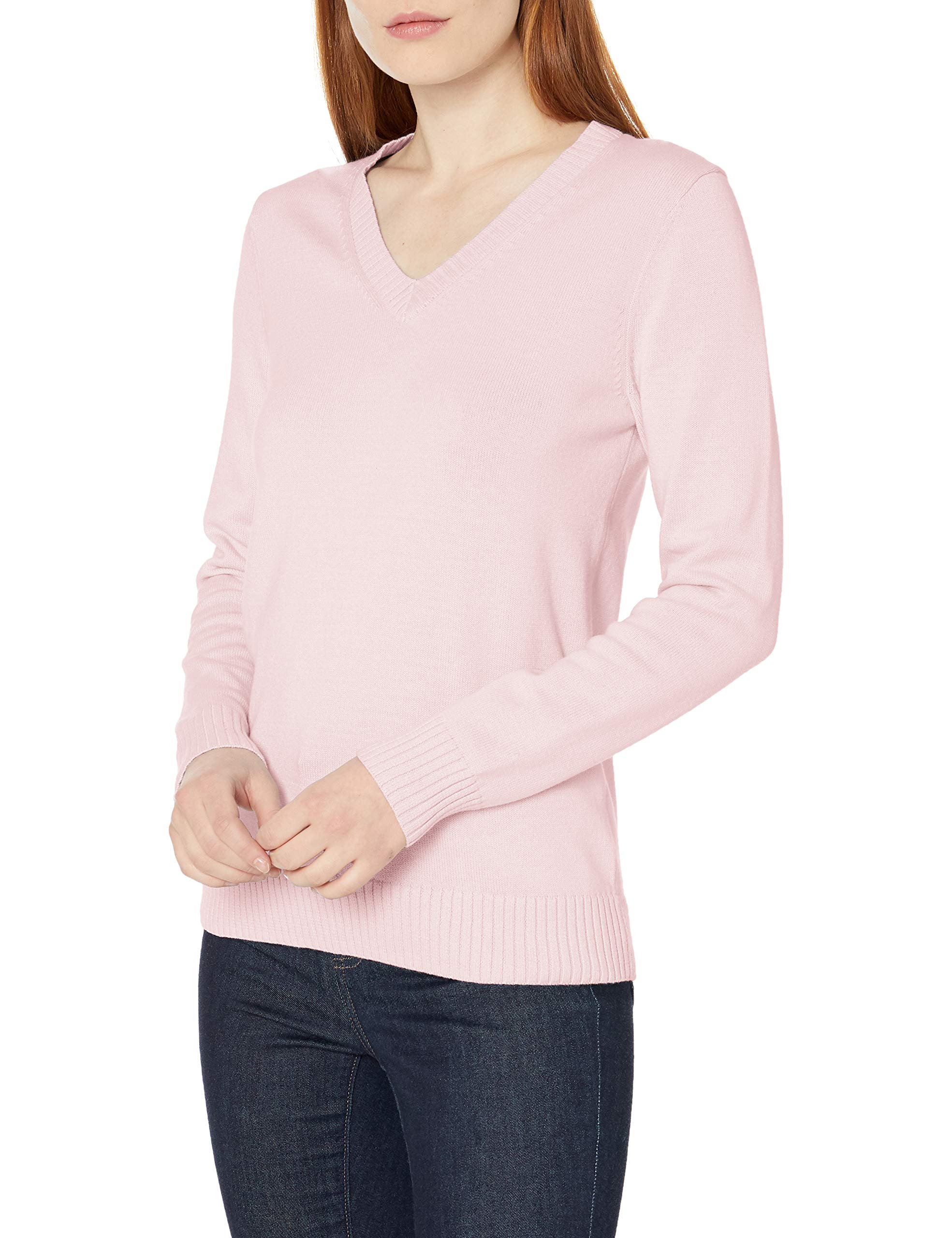 Amazon Essentials Women's Lightweight Long-Sleeve V-Neck Cotton Sweater, Light Pink, Large