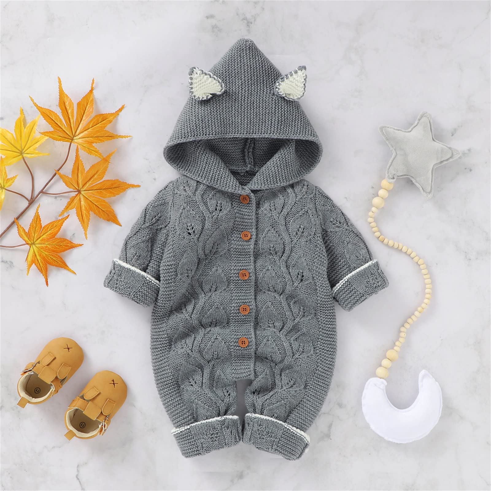 RNTOP Infant Baby Girl Boy Cable Knit Sweater Romper Hooded Jumpsuit Long Sleeve Sweaters Bodysuit (Grey, 12-18 Months)