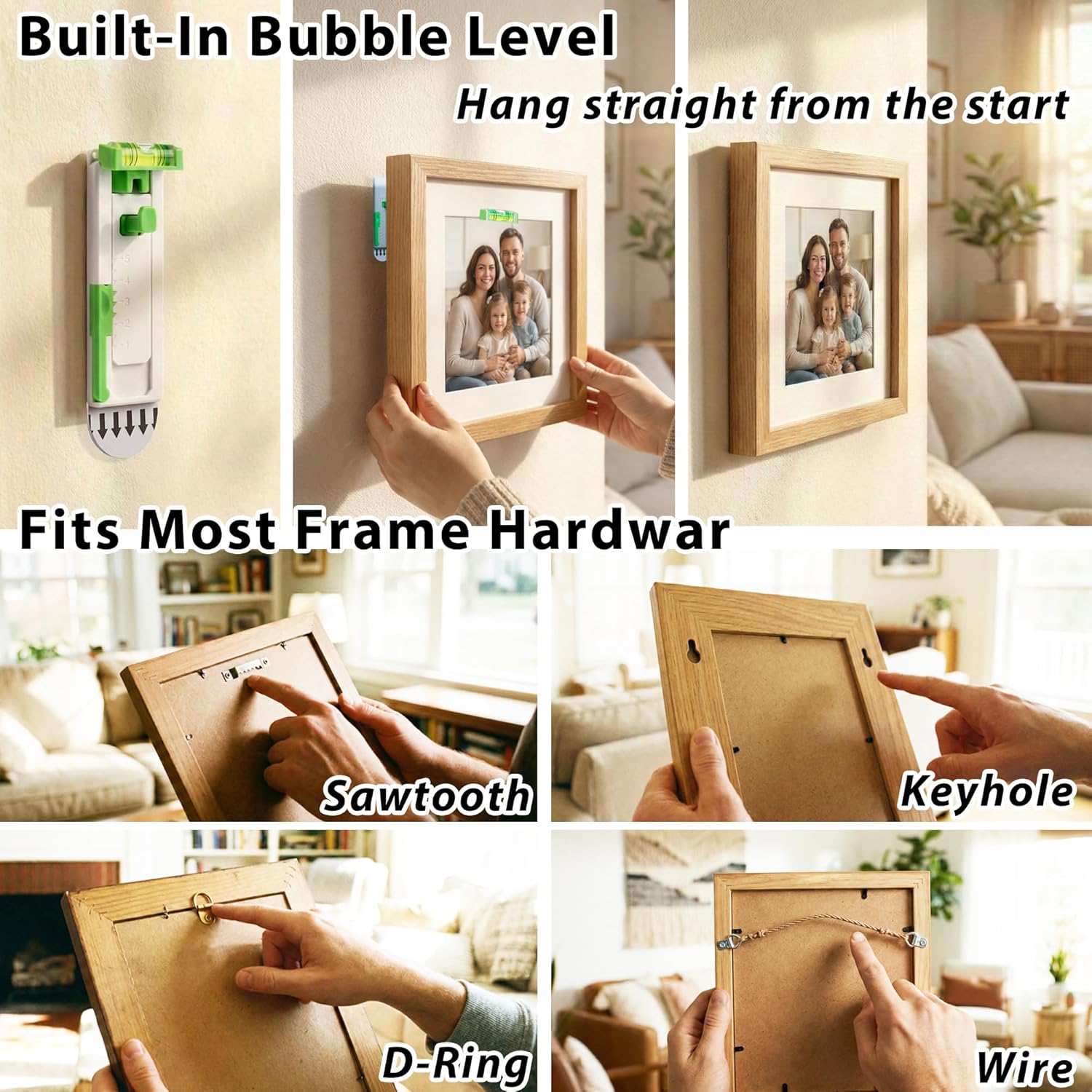Damage Free Picture Hangers, No-Drill Adjustable Wall Hooks with Bubble Level, Fits Sawtooth, Wire, D-Ring & Keyhole Frames, Canvas Art & Wall Décor, Up to 4.4 lb Each (Optional Nail Reinforcement)