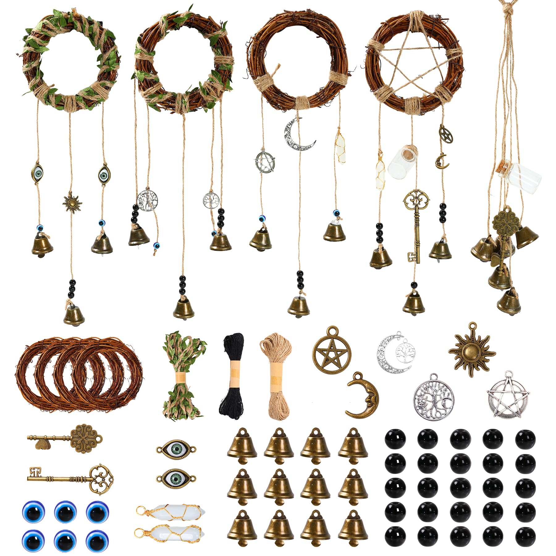 SANDOO 64pcs Witch Bells and Evil Eye for Protection DIY Kit - Witchcraft Supplies,Witches Bells for Door Knob, Windchimes Kit,Evil Eye Door Hanger for Home Bedroom Garden Halloween Decor, Witch Gifts