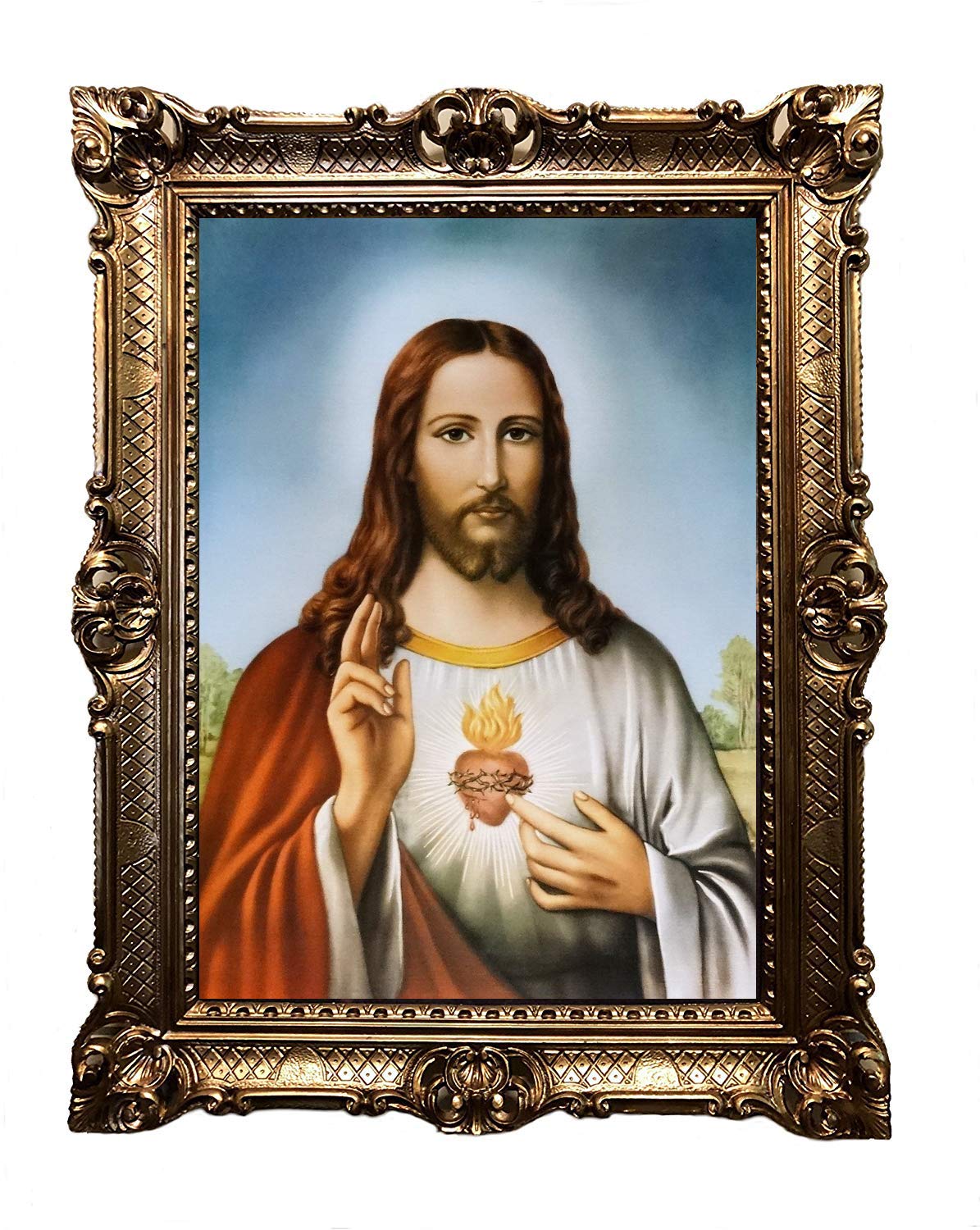 Jesus Christus Herz Gemälde Antik Barock Rahmen Barockrahmen mit Bild Wandbild 70x90cm Kunstdrucke Gemälde Religiöse Bilder Kunst von Heiligen Heiligenbild Retro Repro für Home Büro Praxis Café 58B