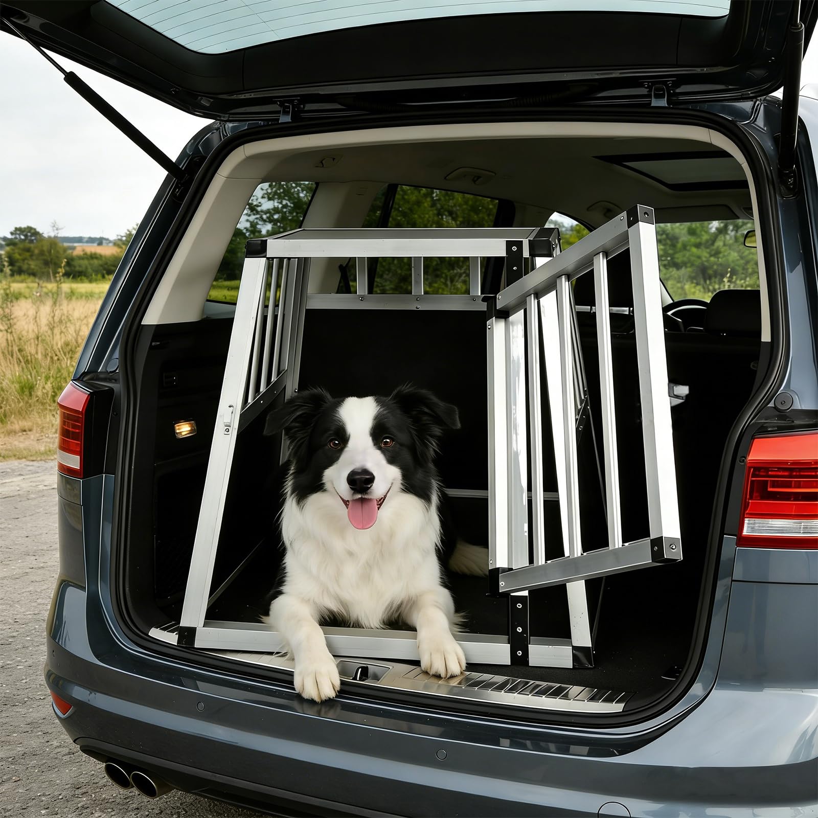 GYMAX Transportín de Aluminio para Perros Gatos, Transporte para Coche Mascotas con Cerradura, Estructura de Metal, Caja de Transporte Robusto y Fácil (91 x 65 x 69,5 cm)