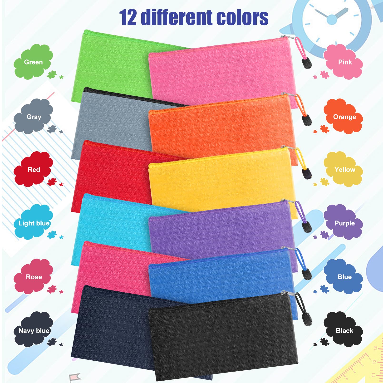 Paquete de 36 estuches para lápices, impermeables, con cremallera, pequeñas bolsas con cremallera, estuche para suministros de oficina, cosméticos, almacenamiento de viajes, 12 colores, 9.3 x