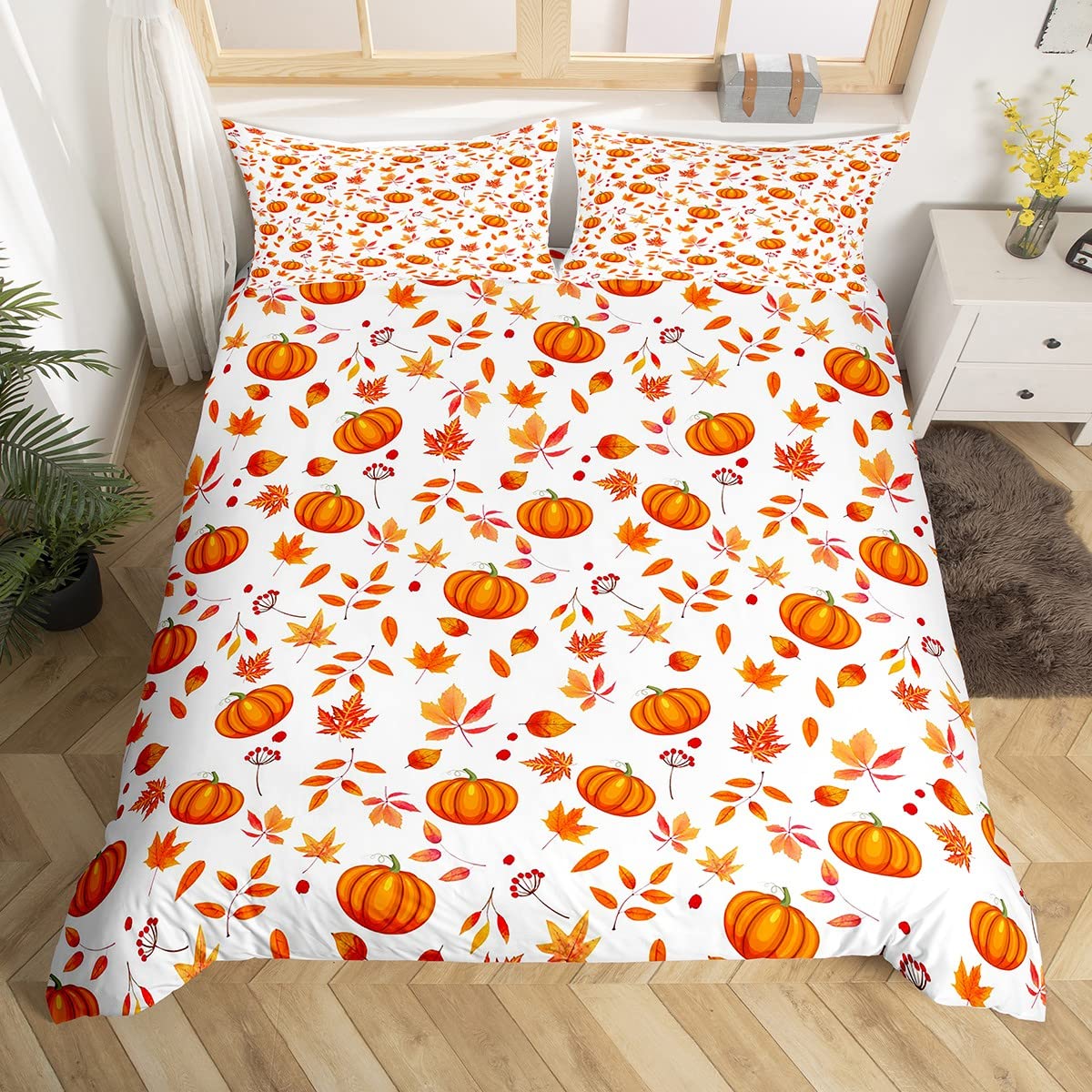 Juego de cama de calabaza de Halloween, juego de ropa de cama de 135x200 cm, lindas flores de otoño, hojas de arce, funda nórdica de Acción de Gracias, para niños, decoración del hogar, 2 unidades
