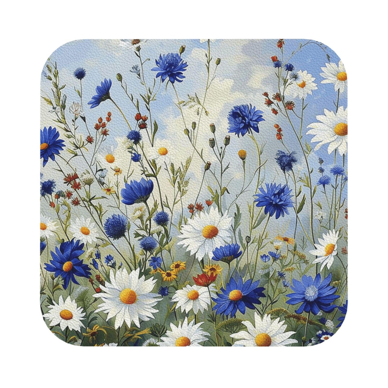 Wild Flowers and Cornflowers Daisies art Print Leather Coaster Set of 6, Square Coasters Table Decorative Coffee Cup Beverage Coasters Wine Beer Bar Coasters for Hot Drinks Table Protection