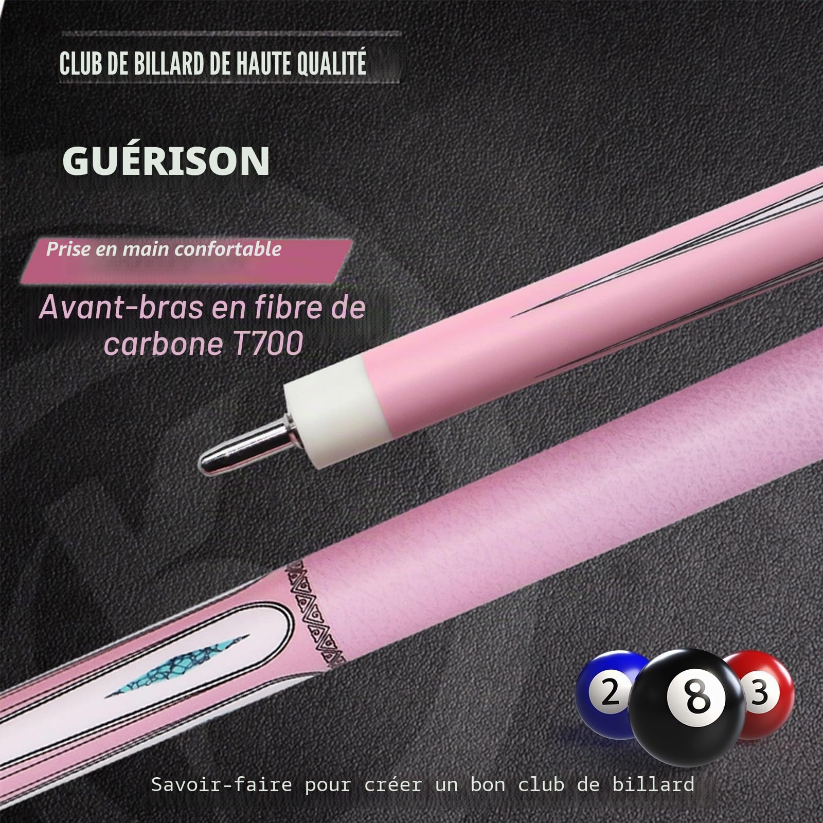 OKHEALING T700 Attelle de billard rose pour femme en fibre de carbone - Tête de 12,9 mm, 1/2 articulation, attelle de billard et snooker professionnel pour débutants et joueurs expérimentés, attelle