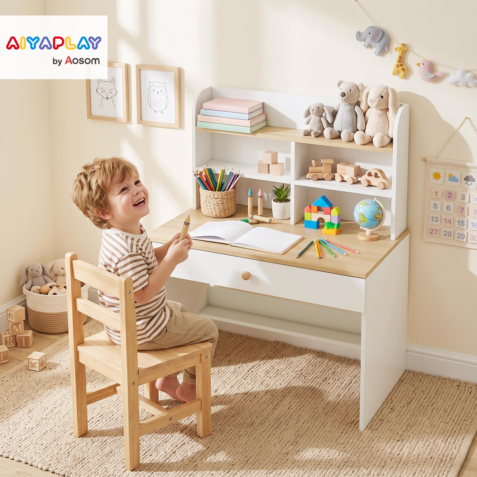 AIYAPLAY Bureau Enfant en Bois avec Rangement Plateau Large Blanc