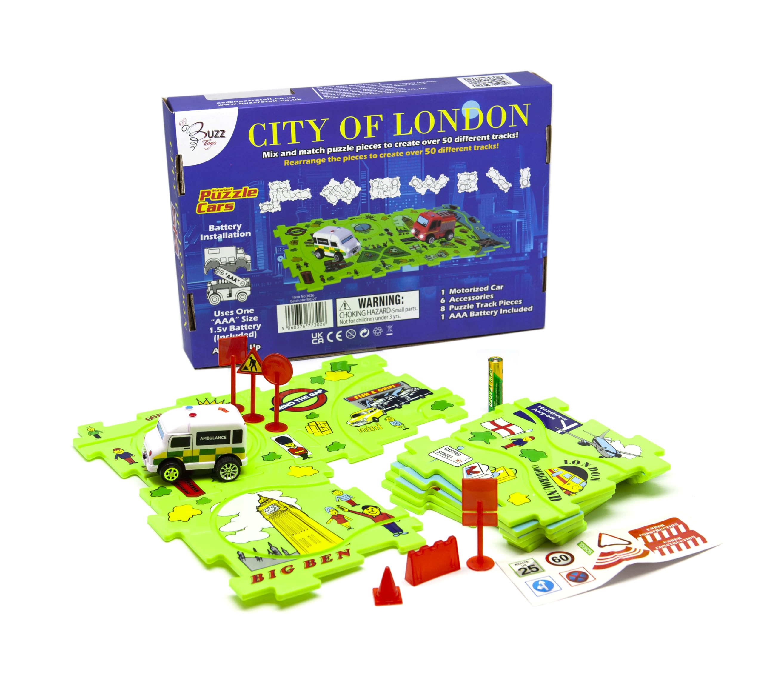 Puzzle Cars Ambulance City of London, Motorized Car with Interchangeable Puzzle Pieces, Road Signs & Accessories - Image 4