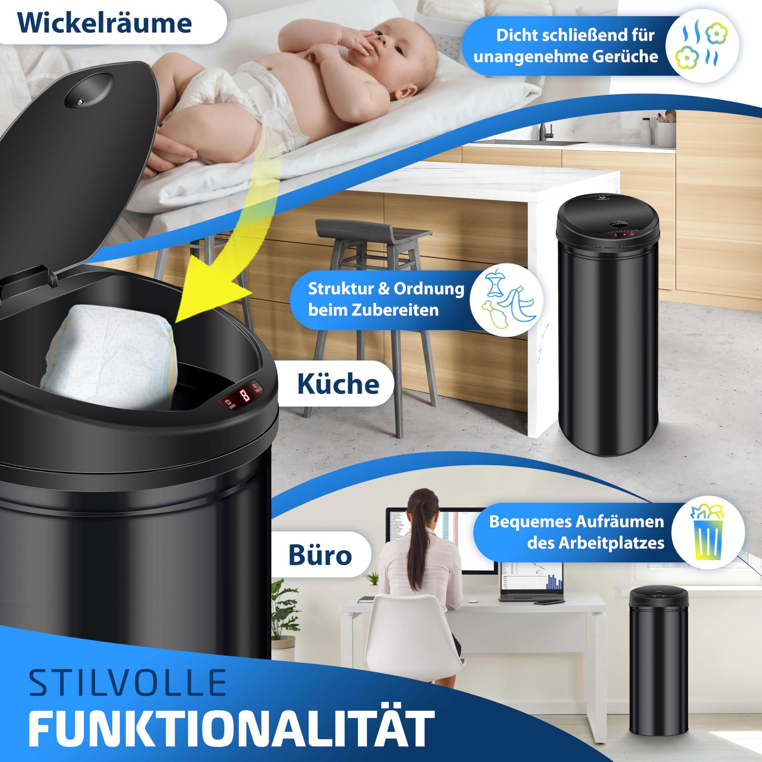 KESSER Sensor Mülleimer 56 Liter Edelstahl Schwarz Automatik Abfalleimer