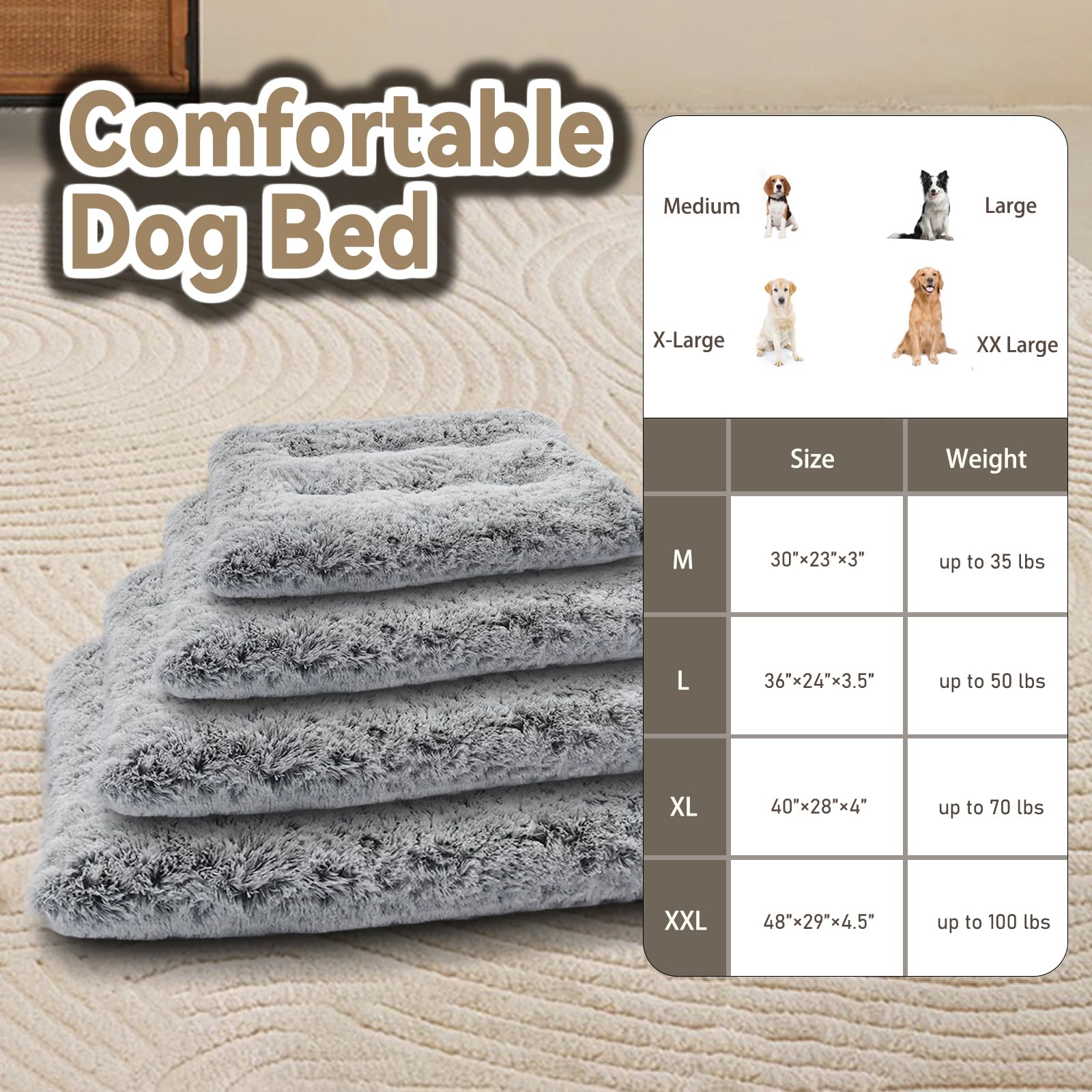 DEBANG HOME Dog Bed For Medium Dogs - 36x24 Inch Plush Kennel Mat, Washable, Non-Slip Bottom, Grey