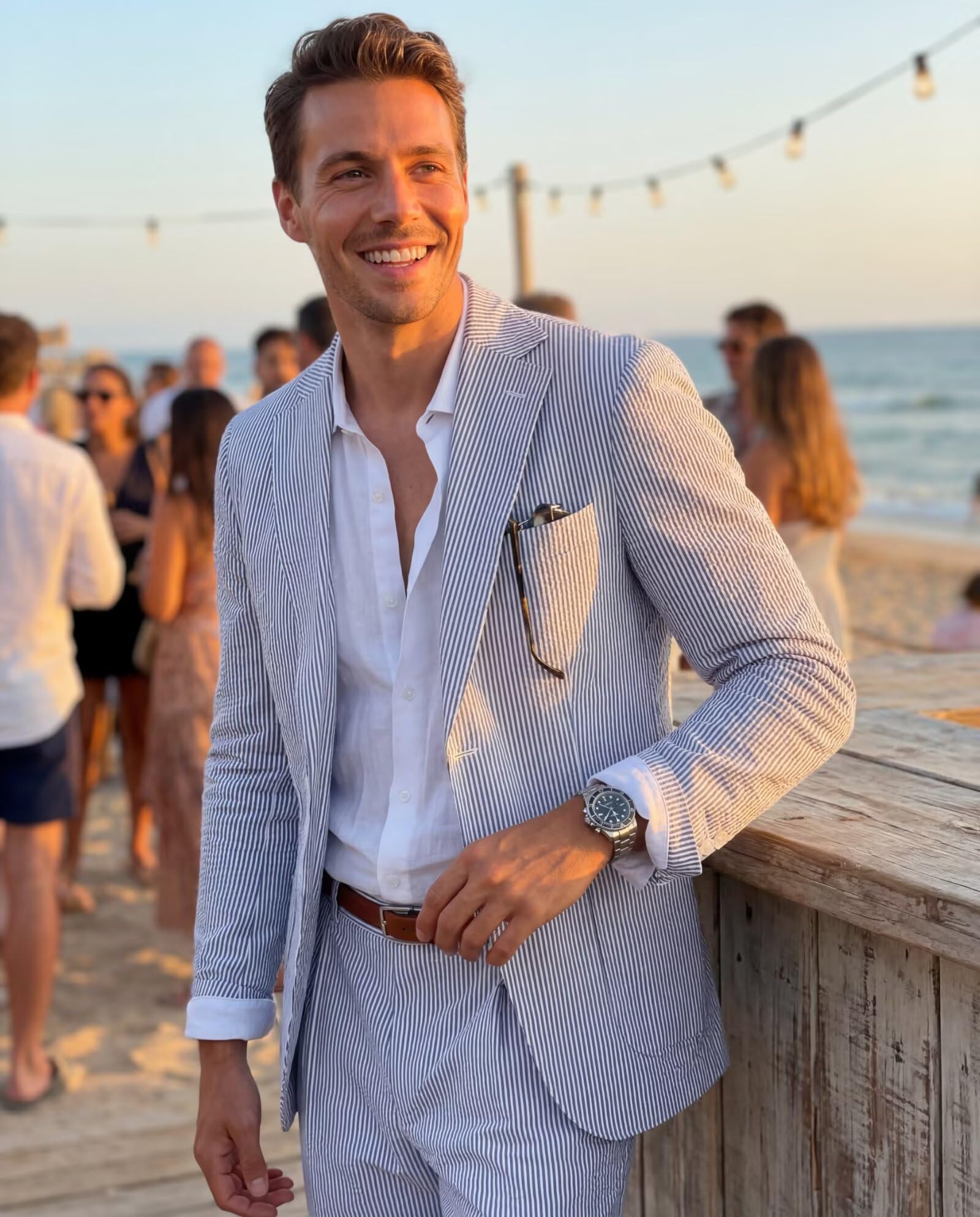 Completo da uomo in seersucker blu, 2 pezzi, per estate, spiaggia, matrimonio, sposo, abito a righe, con blazer e pantaloni, set leggero traspirante