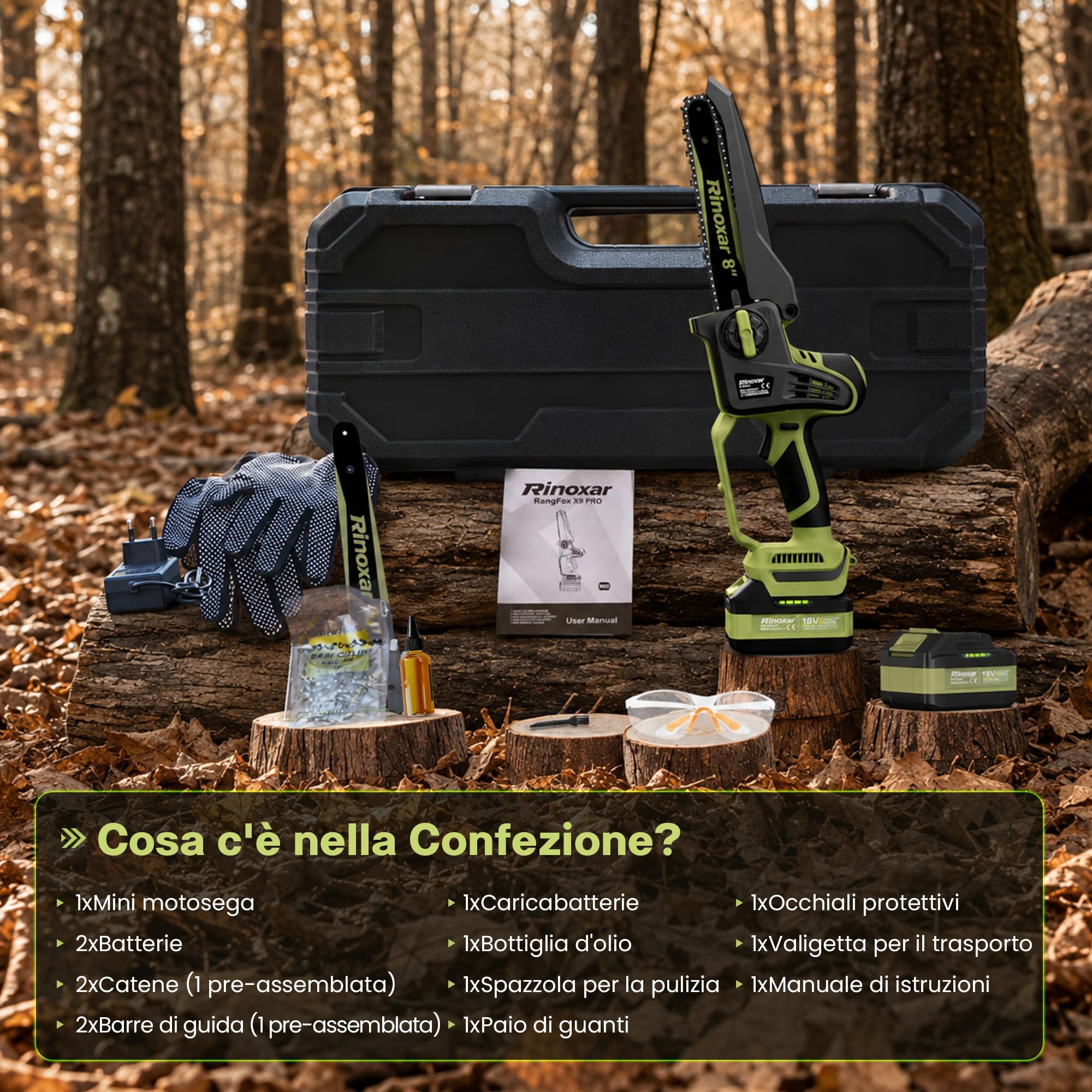 Motosega Elettrica a Batteria 8 Pollici per Potatura, Motore Brushless | Sega elettrica per potatura con 2 batterie da 5200mAh, lubrificazione automatica e tendicatena senza attrezzi
