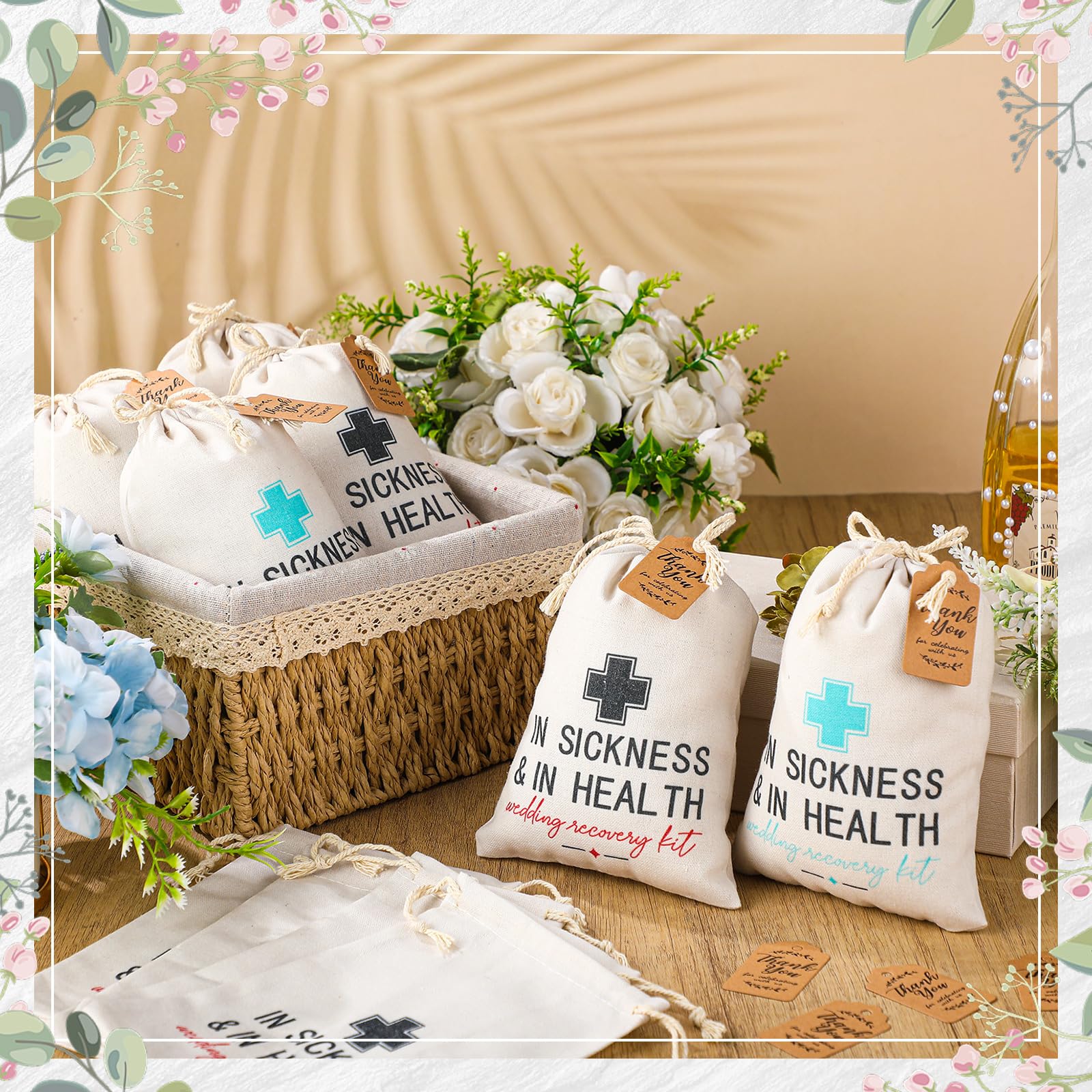 SATINIOR 24 Sets Hangover Recovery Kit Taschen 12,7 x 17,8 cm in Krankheit und Gesundheit Hochzeit Kater Survival Kit mit Dankeskarte und Kordelzug für Junggesellinnenabschied, Brautparty, Hochzeit