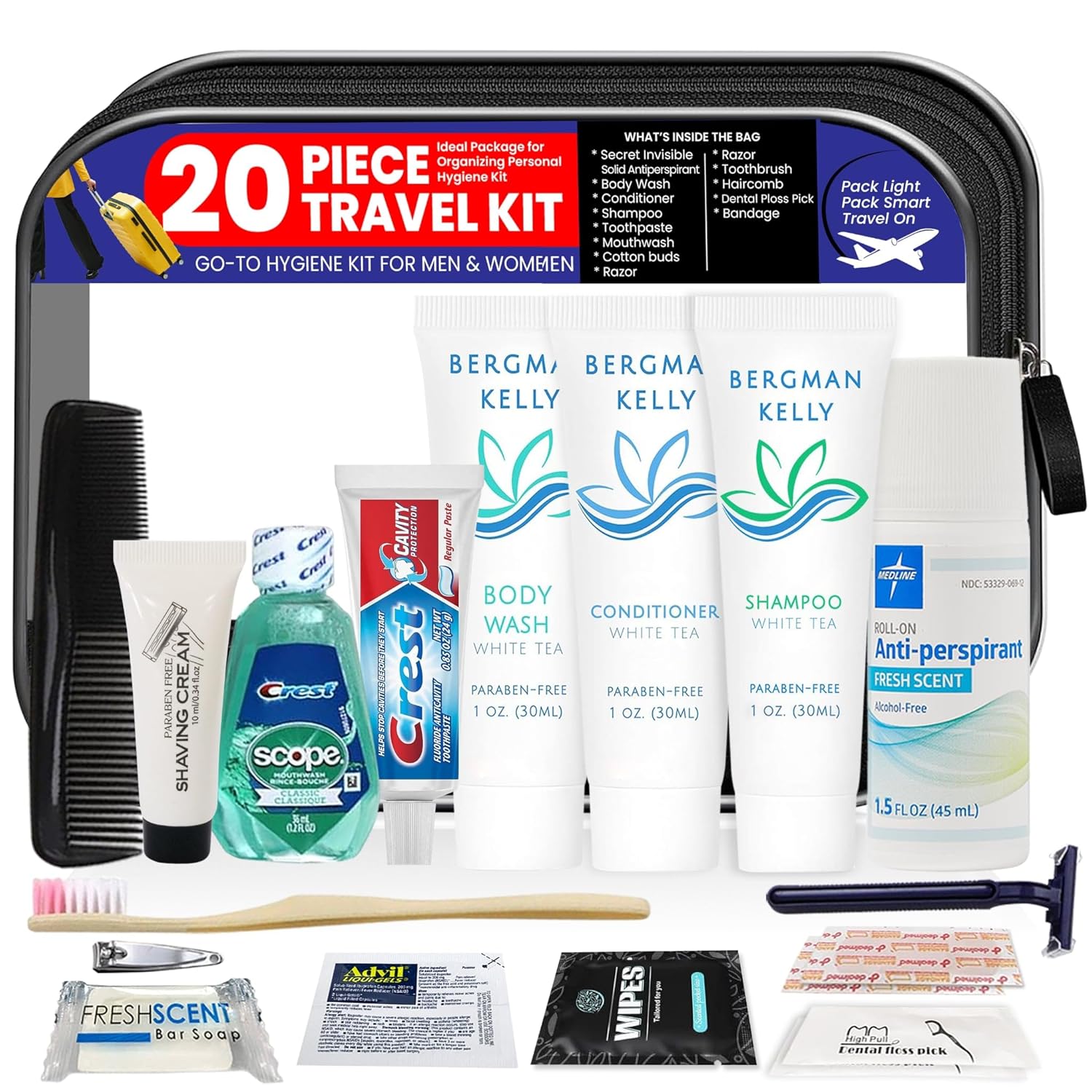 Trektote Travel Toiletry Kit For Men And Women – 20 Piece Set of Travel Size Toiletries, TSA Compliant, Travel Essentials, Includes Shampoo And Conditioner, Body Wash, Oral Care, Toiletry Bag & More