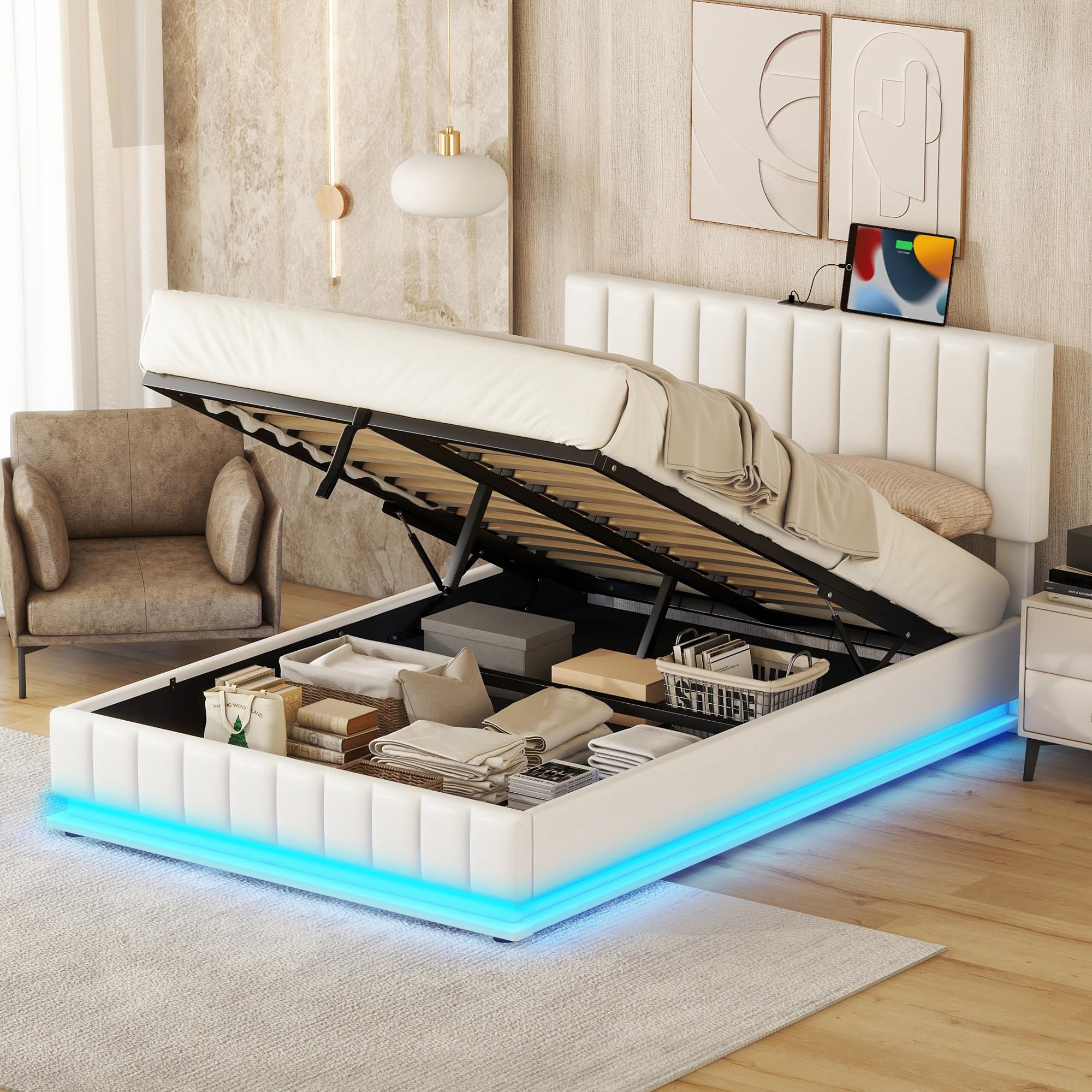 MERITLINEFull Size Lift Up Storage Bed, Upholstered Full Platform Bed Frame with LED Lights and USB Ports, PU Tufted Full Bed with Hydraulic Storage System for Teens Adults, White