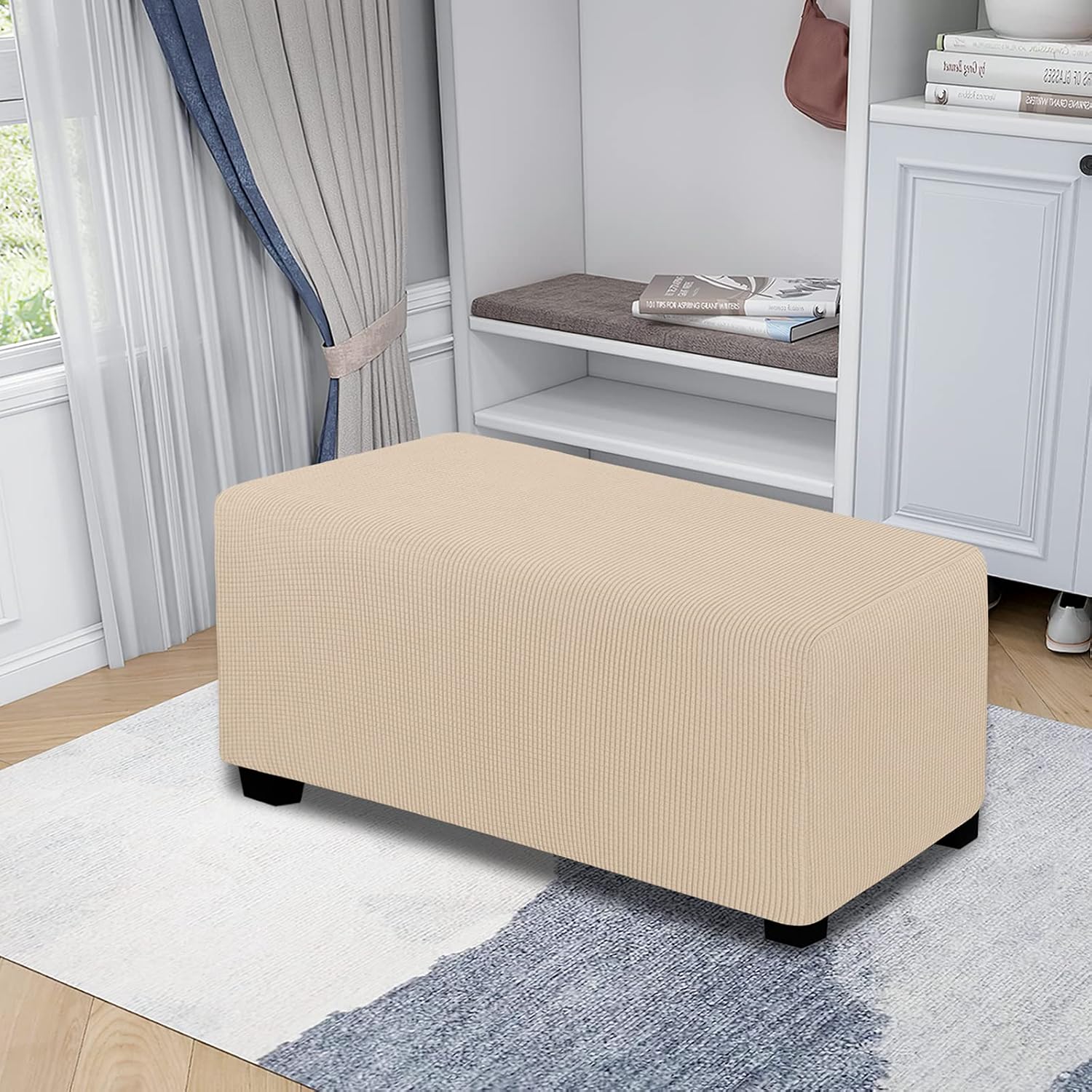 Easy-Going Stretch Ottoman Cover Folding Storage Stool Furniture Protector Soft Rectangle slipcover with Elastic Bottom(Ottoman Large,Linen)