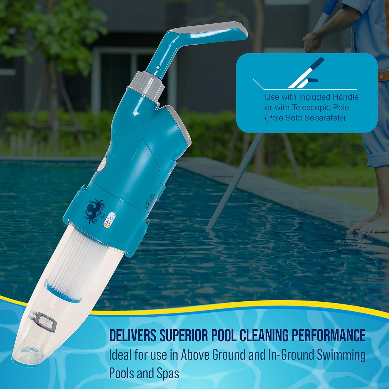 Person using the pool vacuum with a telescopic pole to clean a swimming pool.