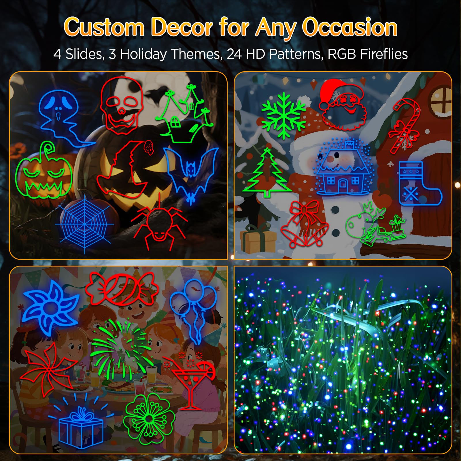 Weihnachtsbeleuchtung Projektor Aussen, 2 in 1 Urlaub Licht Projektor mit 4 Folien & 8 helleren HD Mustern, Bewegliche RGB Glühwürmchen Effekte Licht für Weihnachtsdekorationen, Halloween, Hof