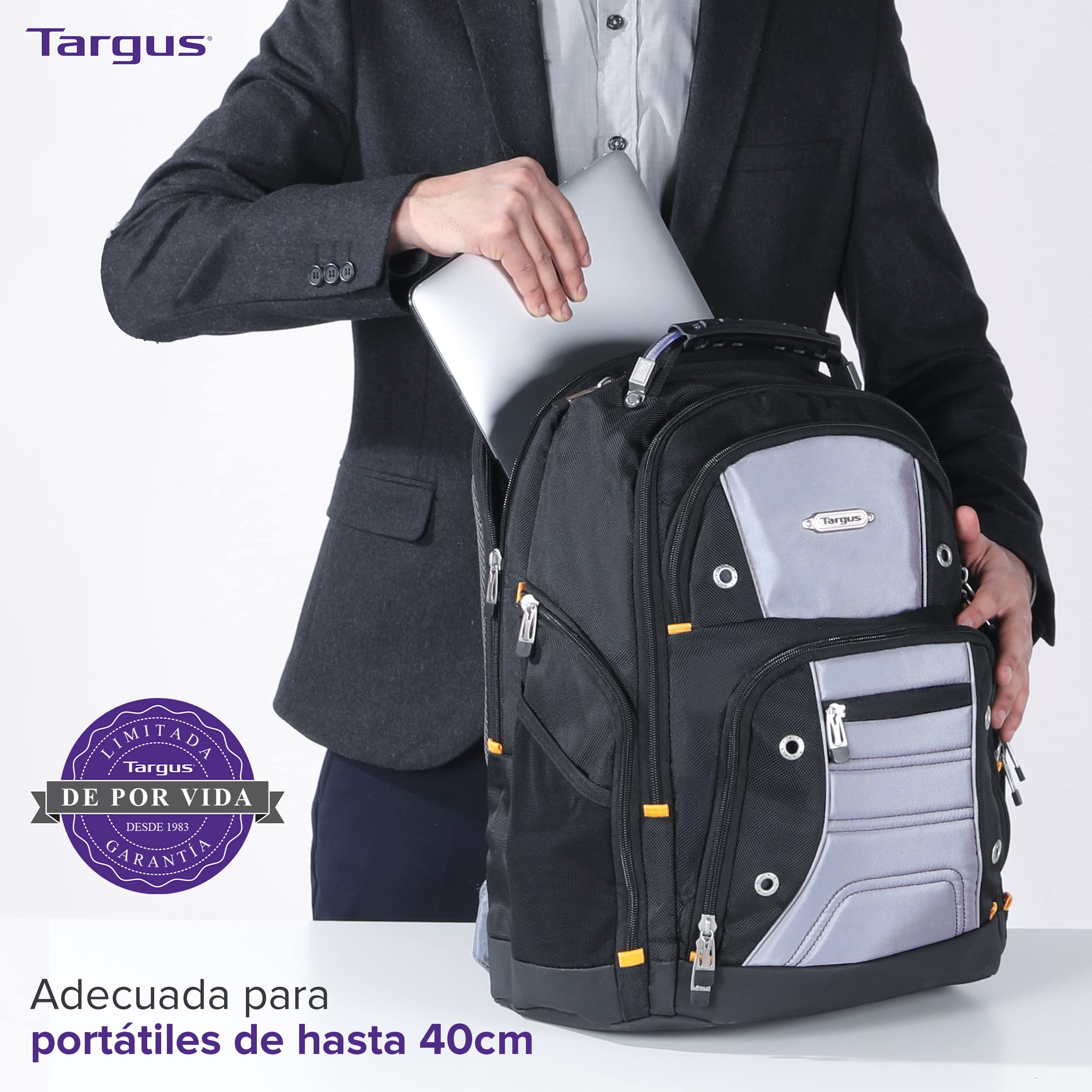 Targus Mochila Drifter TSB238EU, de 32 litros. La Mejor opción para Trabajadores, Estudiantes y videojugadores; Apta para la mayoría de los Ordenadores portátiles de hasta 15.6” – Negra/Gris