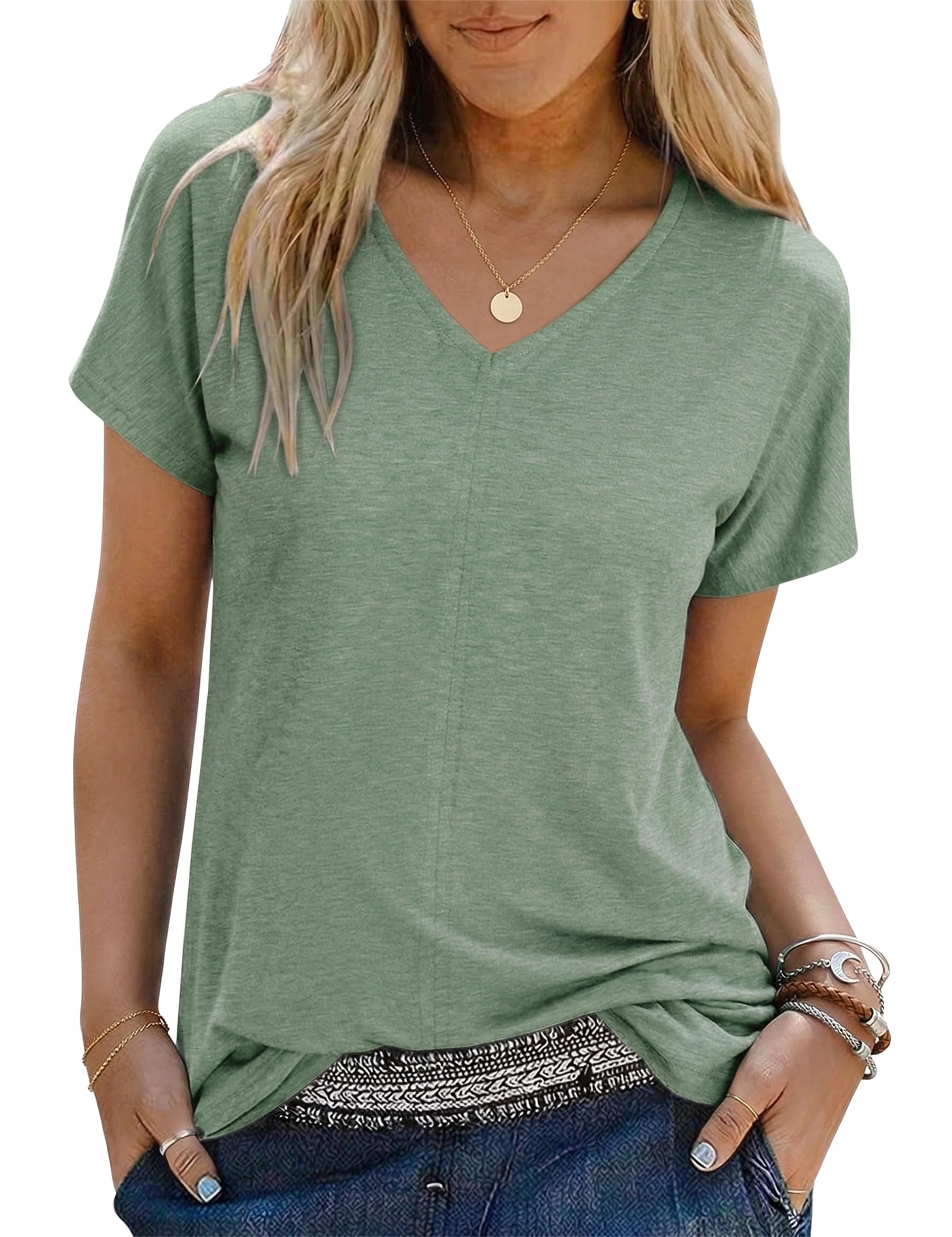 Jahetuul T-Shirt Damen Kurzarm mit V-Ausschnitt Locker geschnittenes Basic Shirt bequemes Sommer Oberteil für Alltag Büro Freizeit
