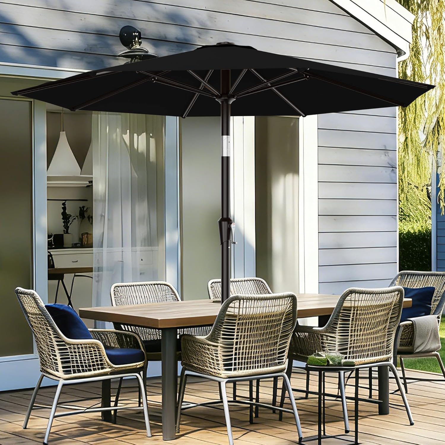 areshark 9 ft patio umbrella for outdoor, outdoor table umbrella with push button tilt and crank, outdoor patio umbrellas with 8 sturdy ribs for market, garden, pool (black) black 9ft