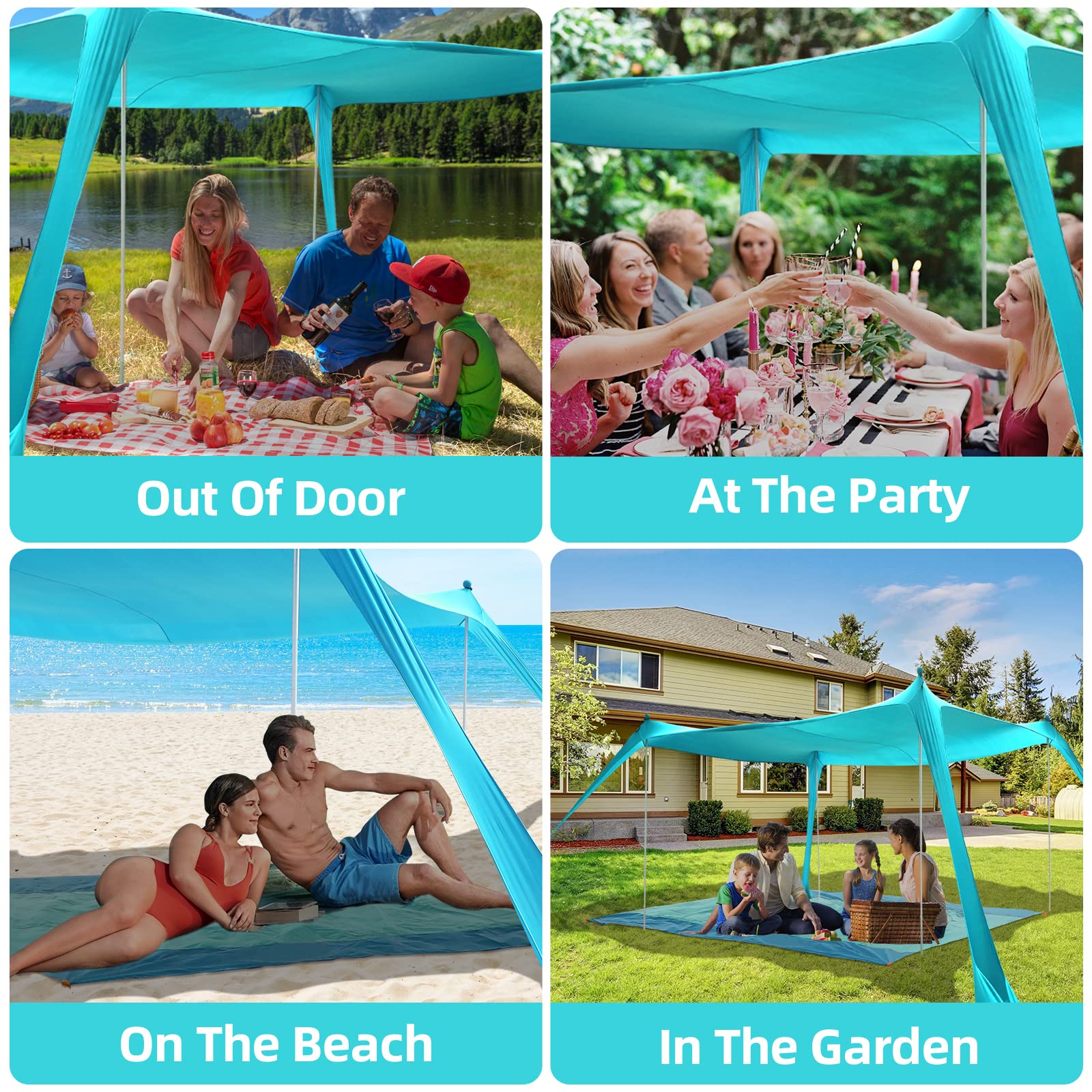 Beach Tent Sun Shelter UPF50+, 10x10 FT Family Beach Shade Canopy with 4 Aluminum Poles, Beach Blanket, Carrying Bag and Sand Shovel, Outdoor Pop Up Tent for Beach Camping Trips Picnic